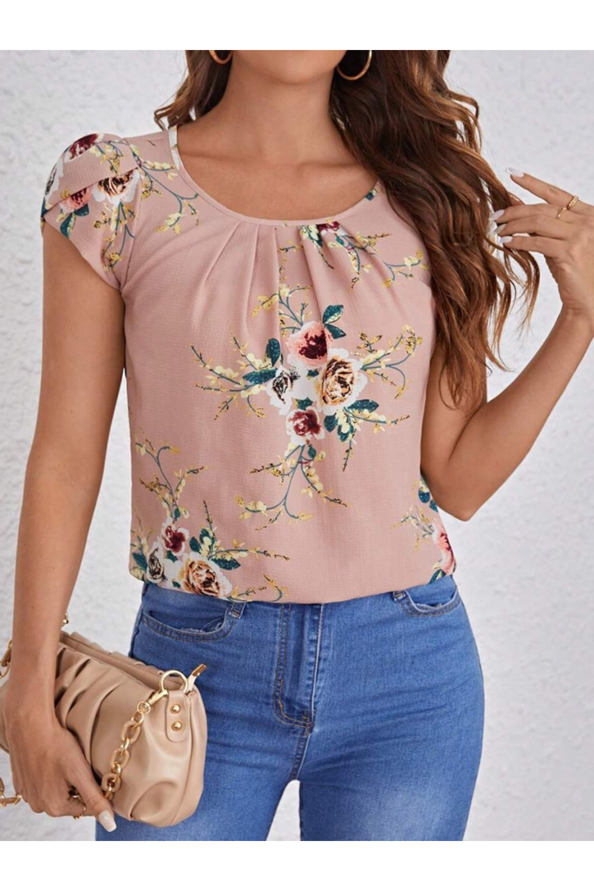 Kadın Kısa Kollu Bisiklet Yaka çiçek Baskılı Süprem Bluz