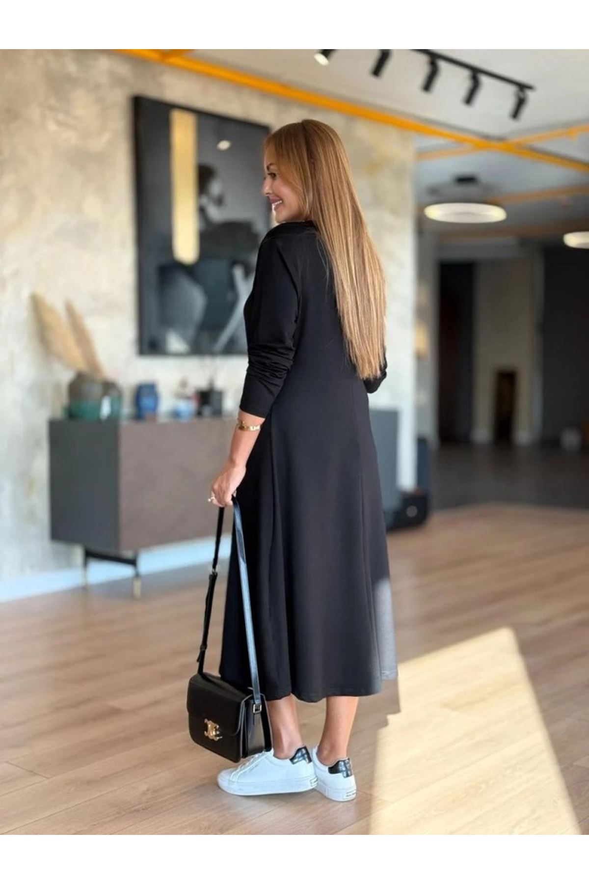 Kadın Uzun Kollu V Yakalı Midi Modal Elbise