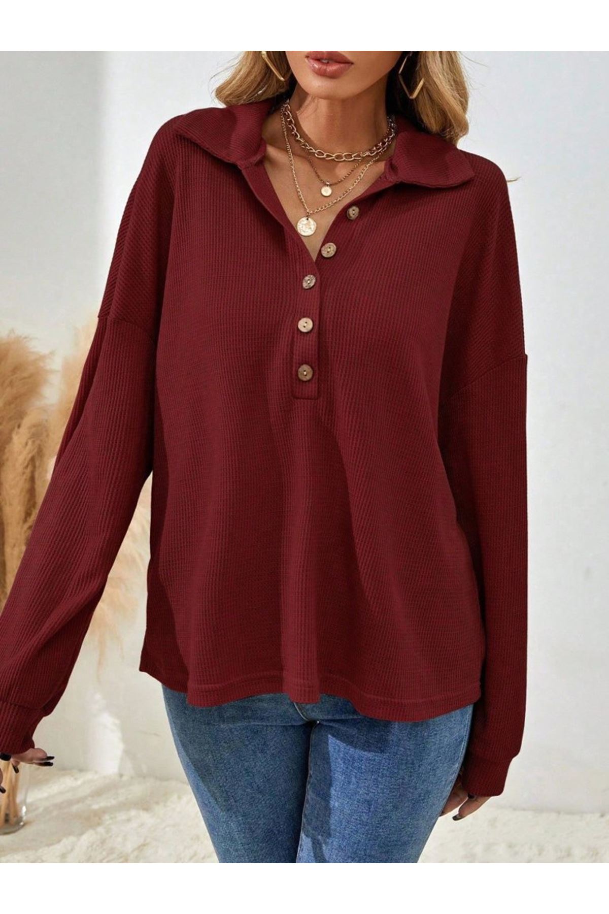 Kadın Uzun Kollu Yakalı Düğmeli Salaş Waffle Bluz