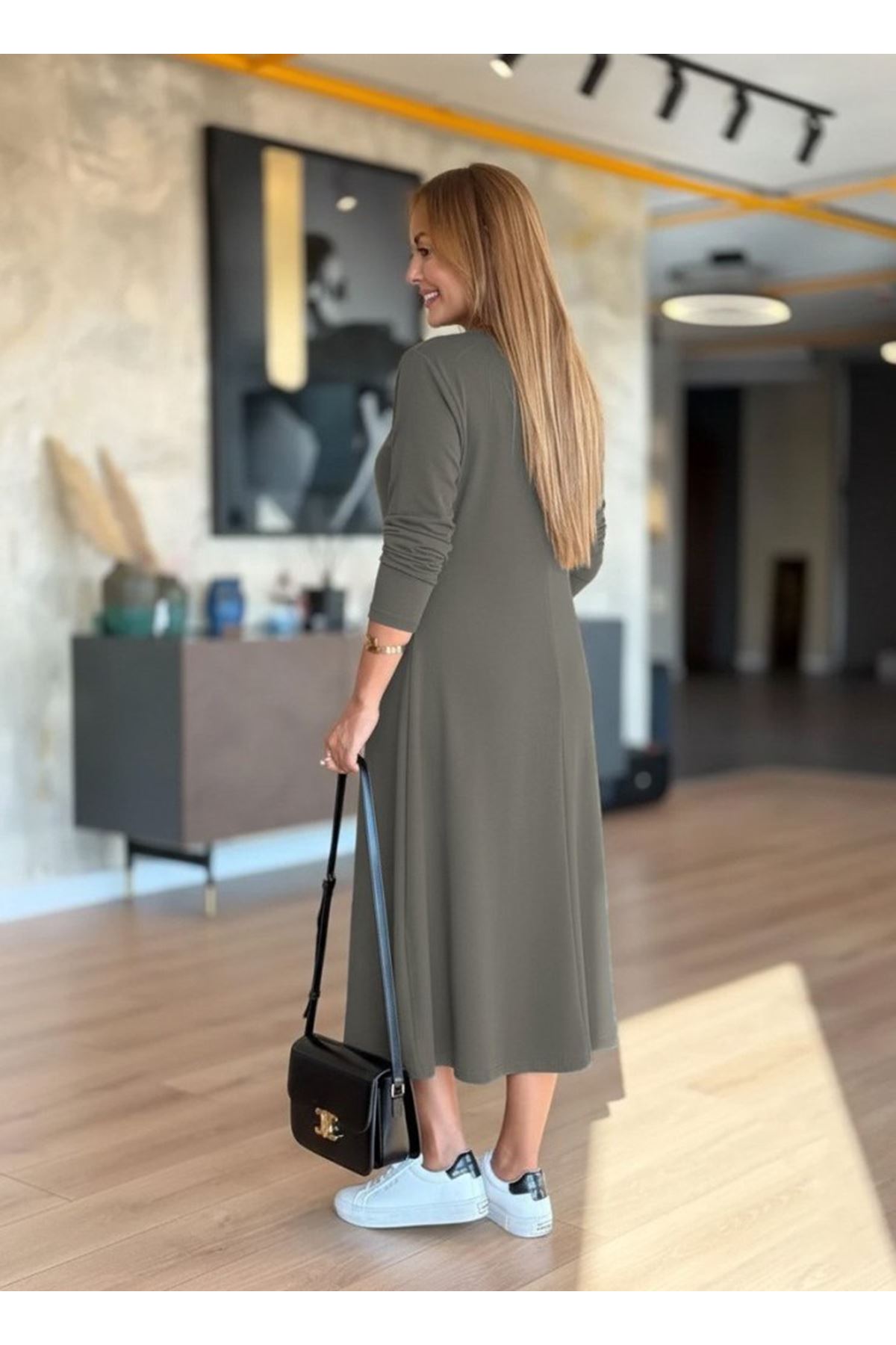 Kadın Uzun Kollu V Yakalı Midi çağla Yeşili Modal Elbise