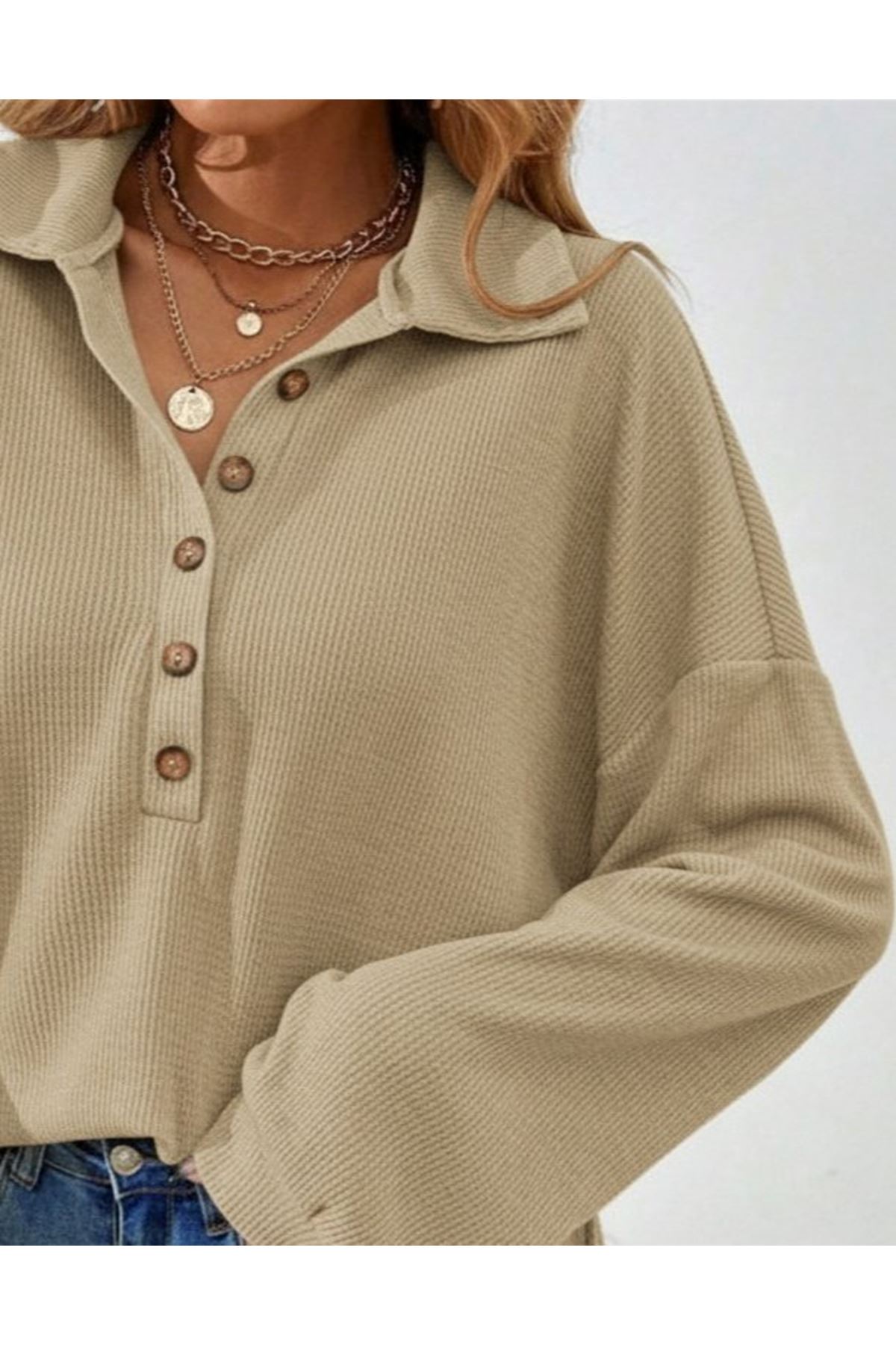 Kadın Uzun Kollu Yakalı Düğmeli Salaş Waffle Bluz