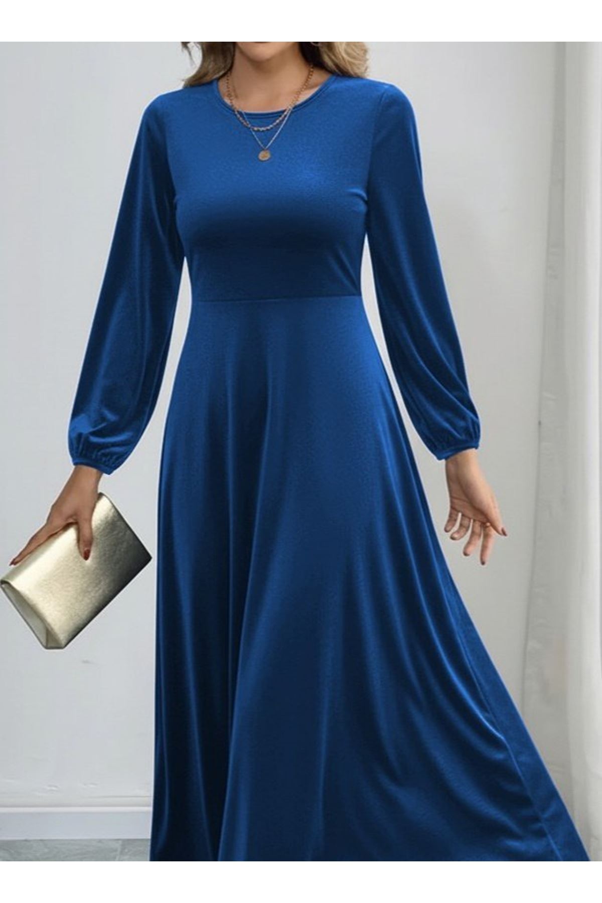 Kadın Uzun Kollu Bisiklet Yaka Midi Kadife Mavi Elbise