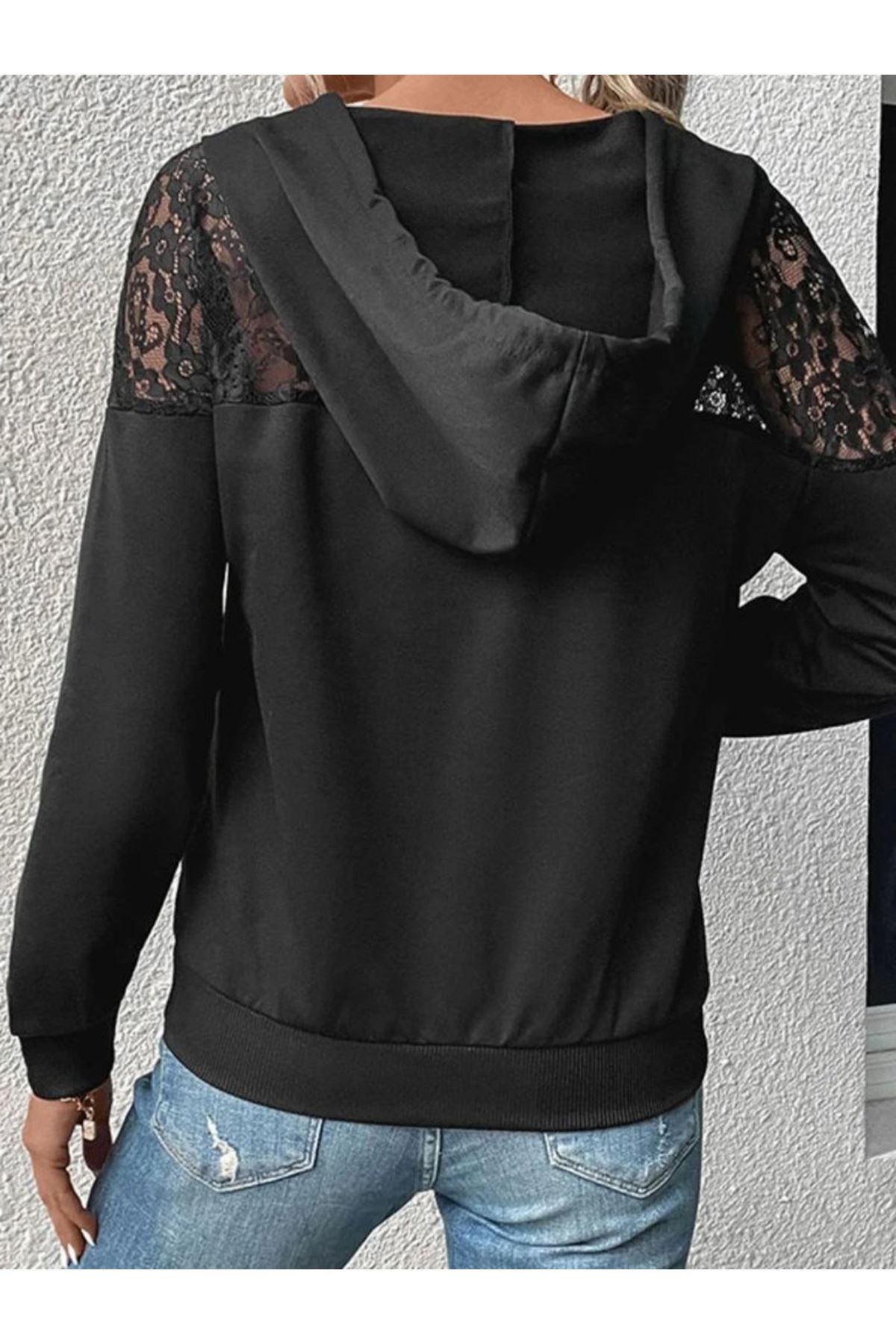Kadın Uzun Kollu Kapşonlu Bağcıklı Dantelli Viskon Iki Iplik Bluz