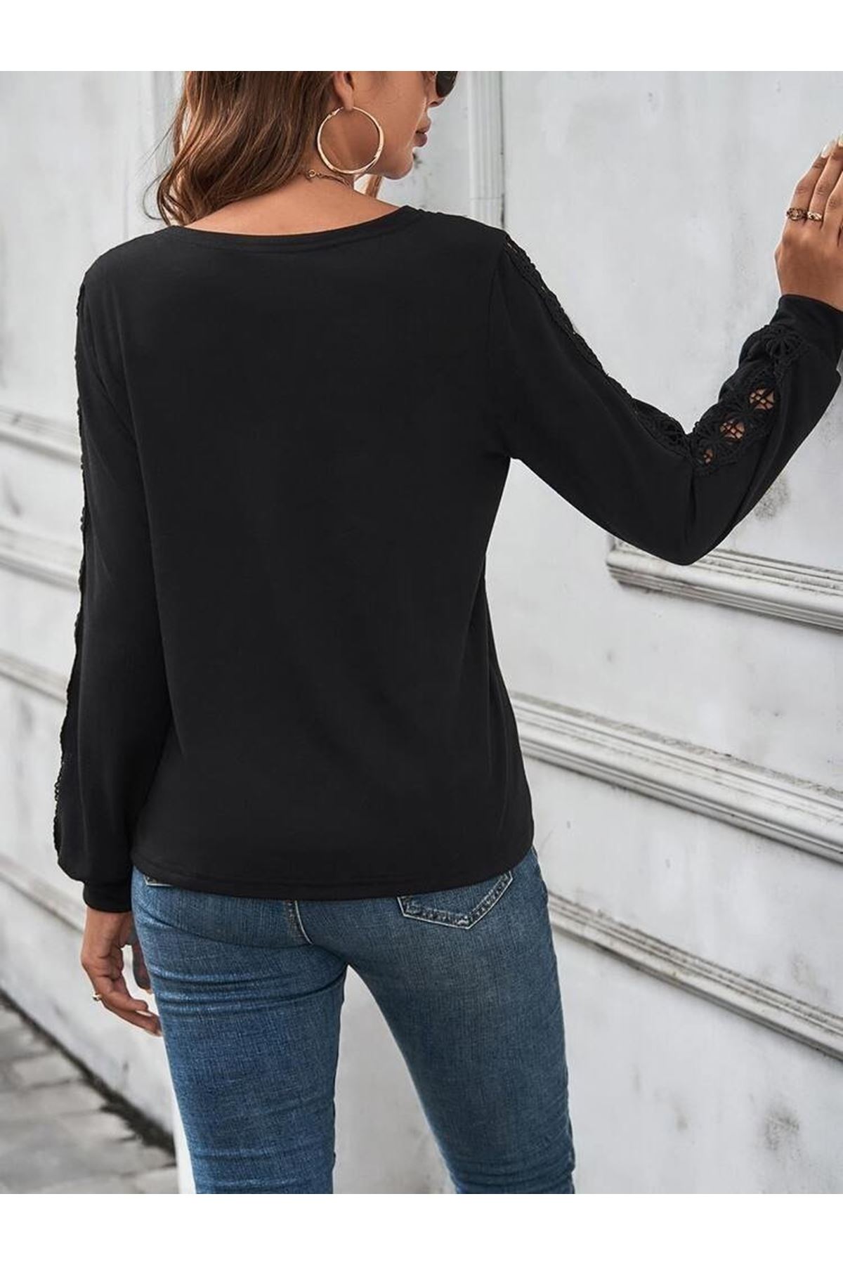Kadın Uzun Kollu V Yakalı Dantel Detaylı Viskon Bluz