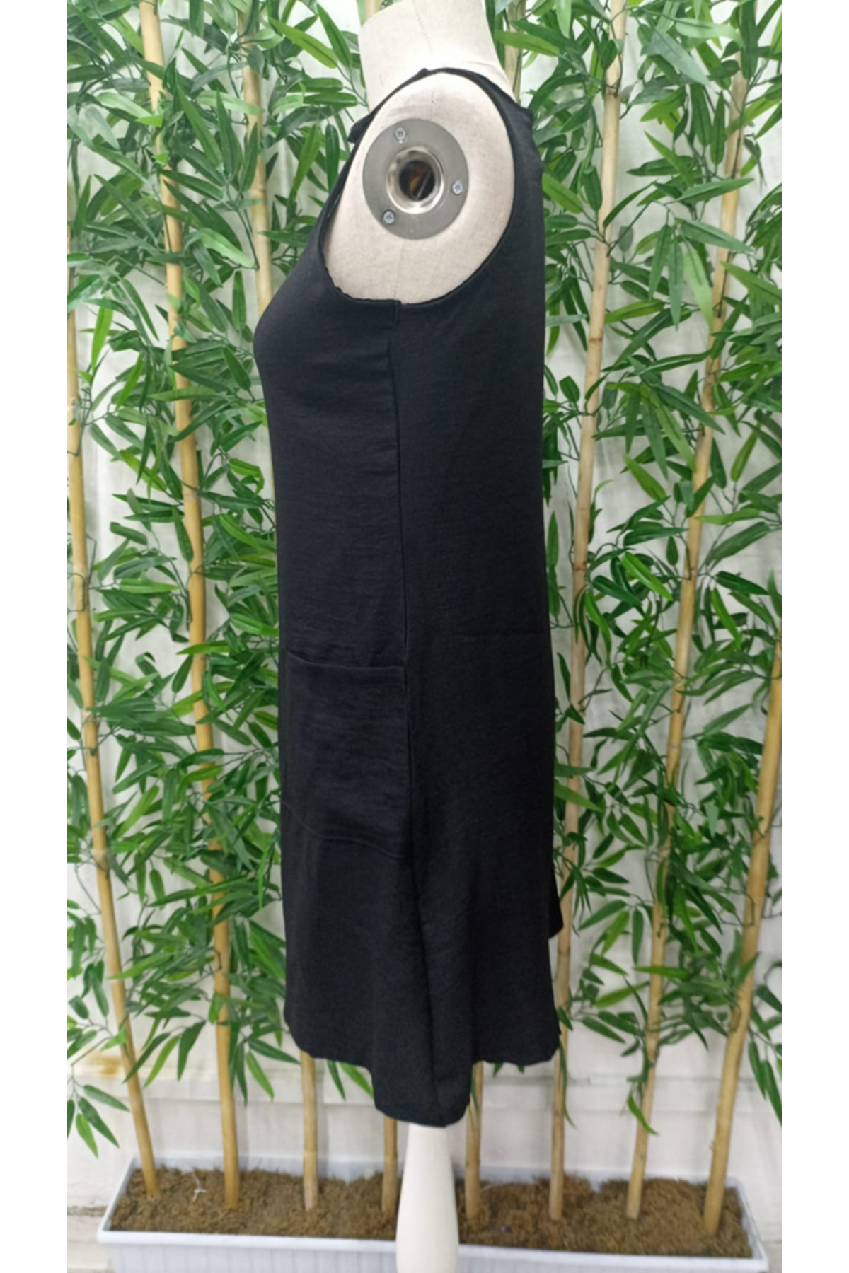 Kadın Kolsuz Kalın Askılı Düğme Detay Cepli Keten Elbise