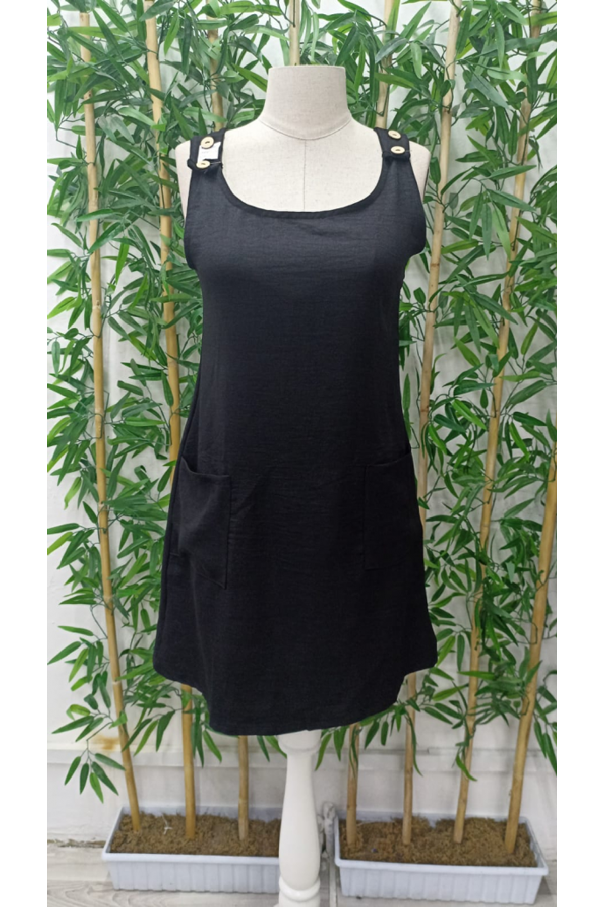 Kadın Kolsuz Kalın Askılı Düğme Detay Cepli Keten Elbise