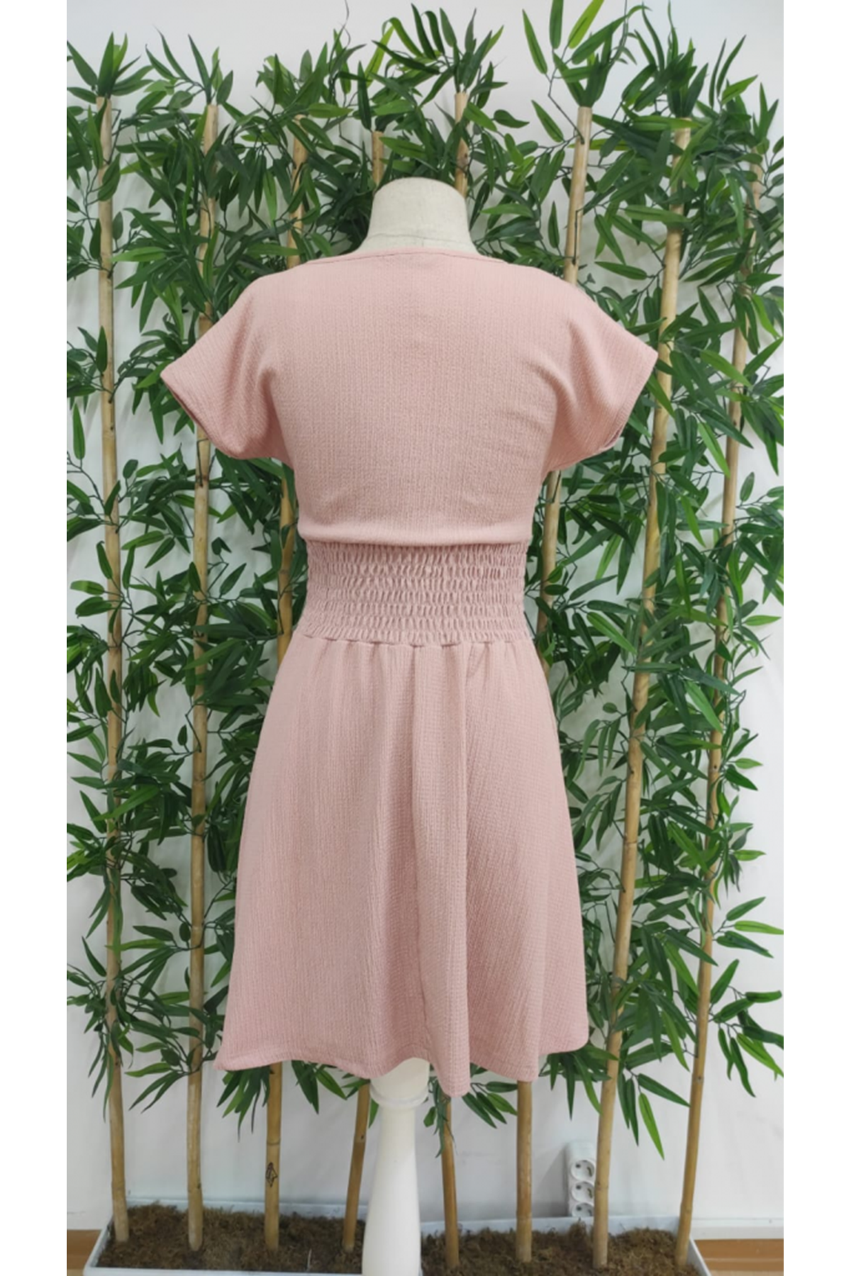 Kadın Kısa Kollu Kruvaze Yaka Beli Gipeli Bürümcük Elbise