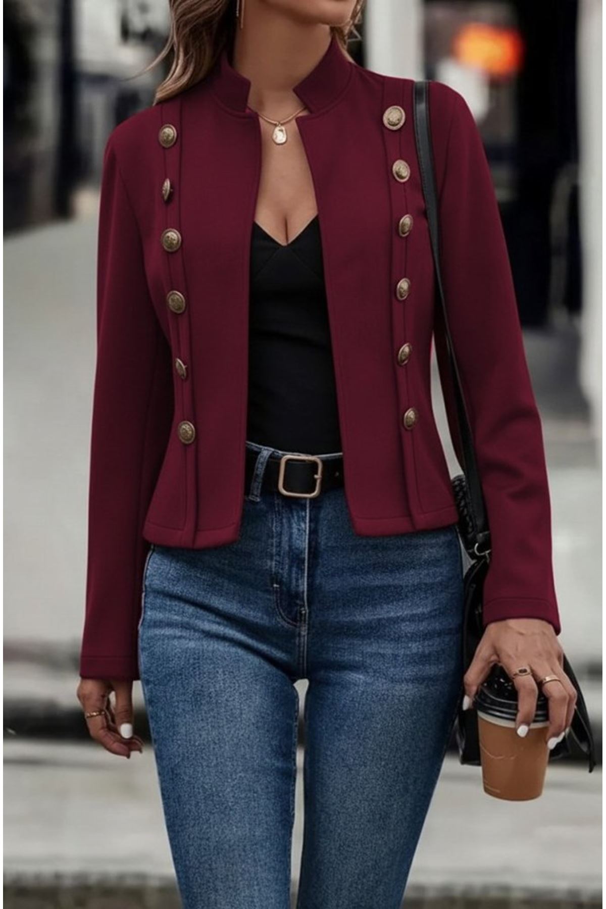 Kadın Uzun Kollu Hakim Yaka Yanlardan Düğmeli Kısa Süet Ceket