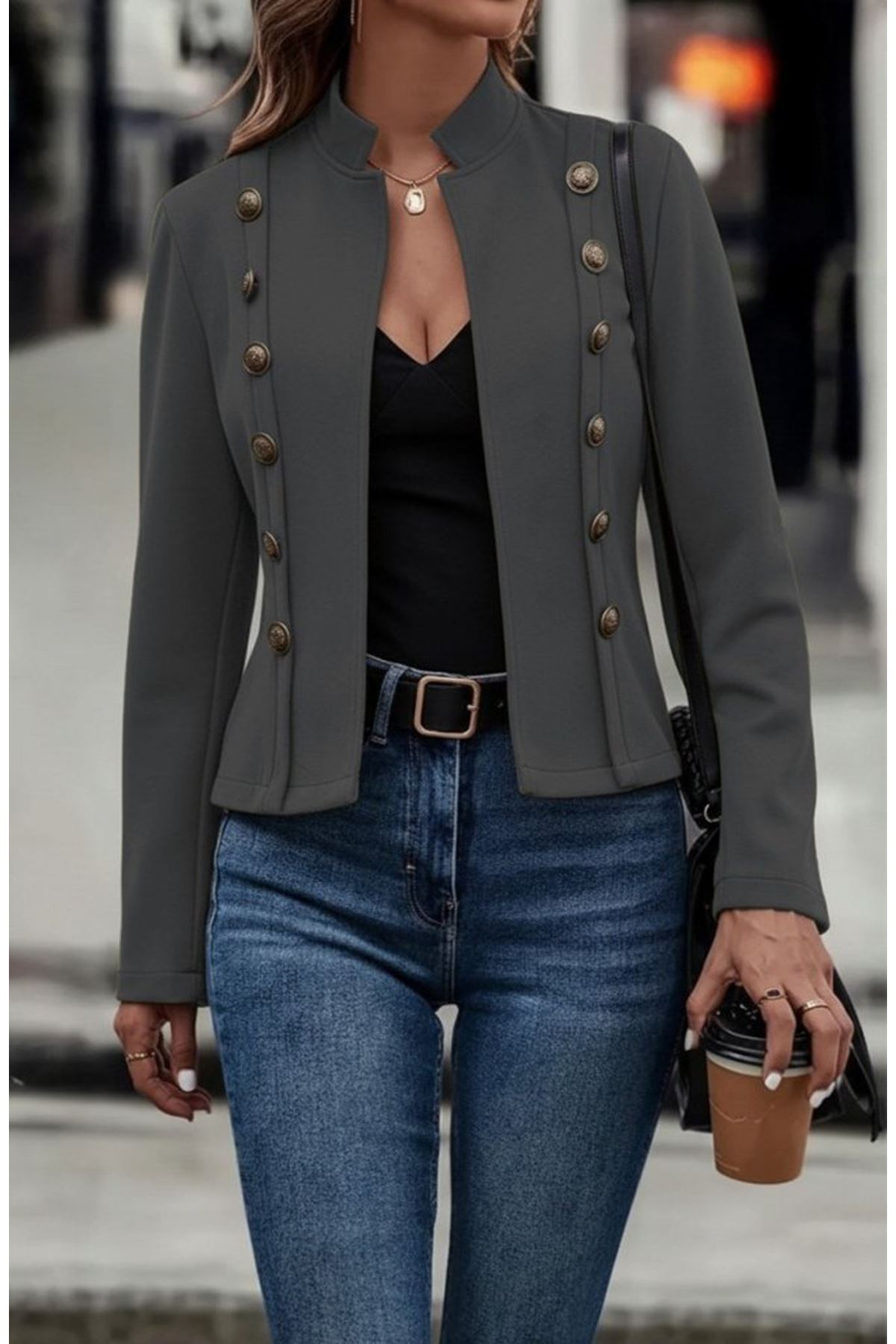 Kadın Uzun Kollu Hakim Yaka Yanlardan Düğmeli Kısa Süet Ceket
