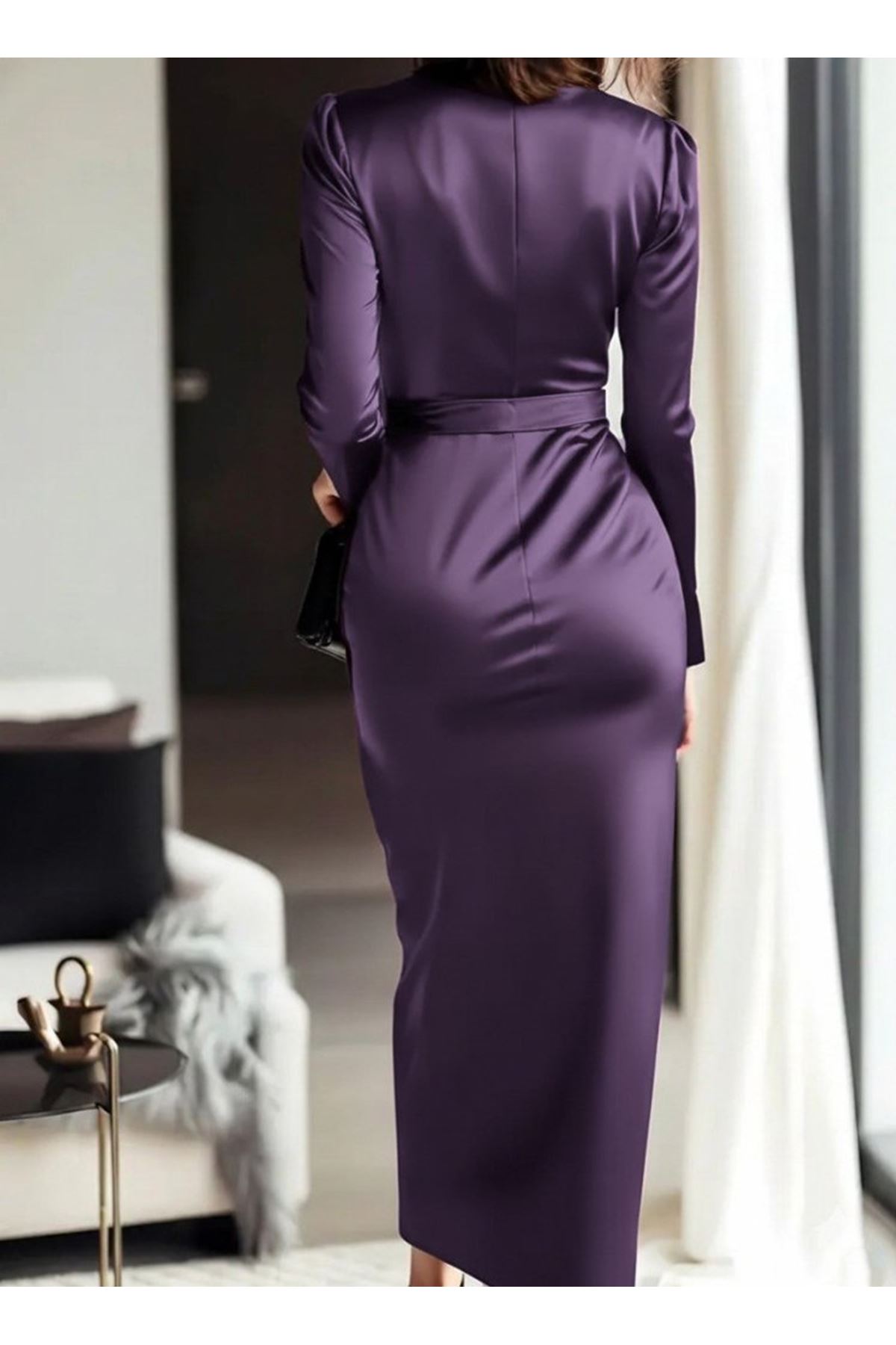 Kadın Uzun Kollu Kruvaze Yakalı Beli Kuşaklı Uzun Saten Elbise