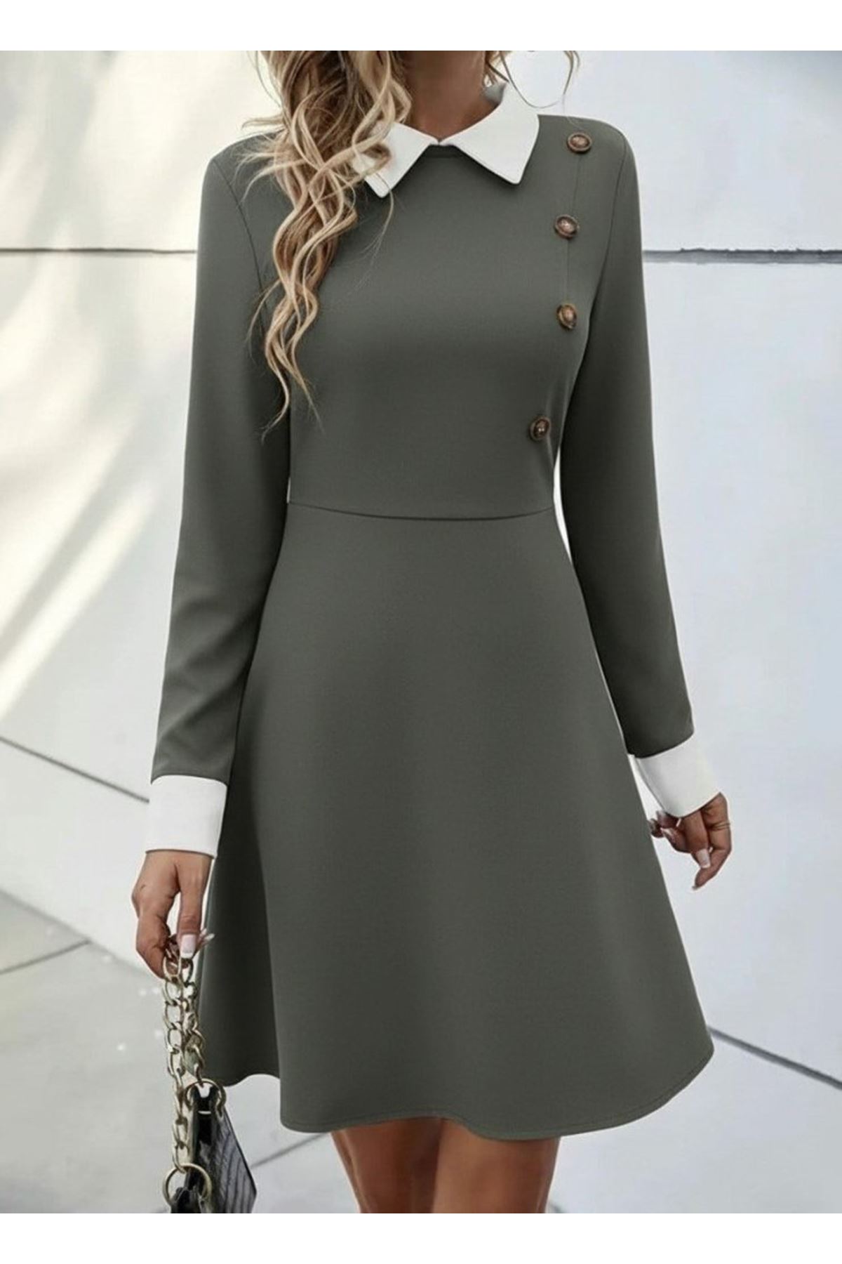 Kadın Uzun Kollu Yakalı Düğmeli çağla Yeşili Modal Mini Elbise