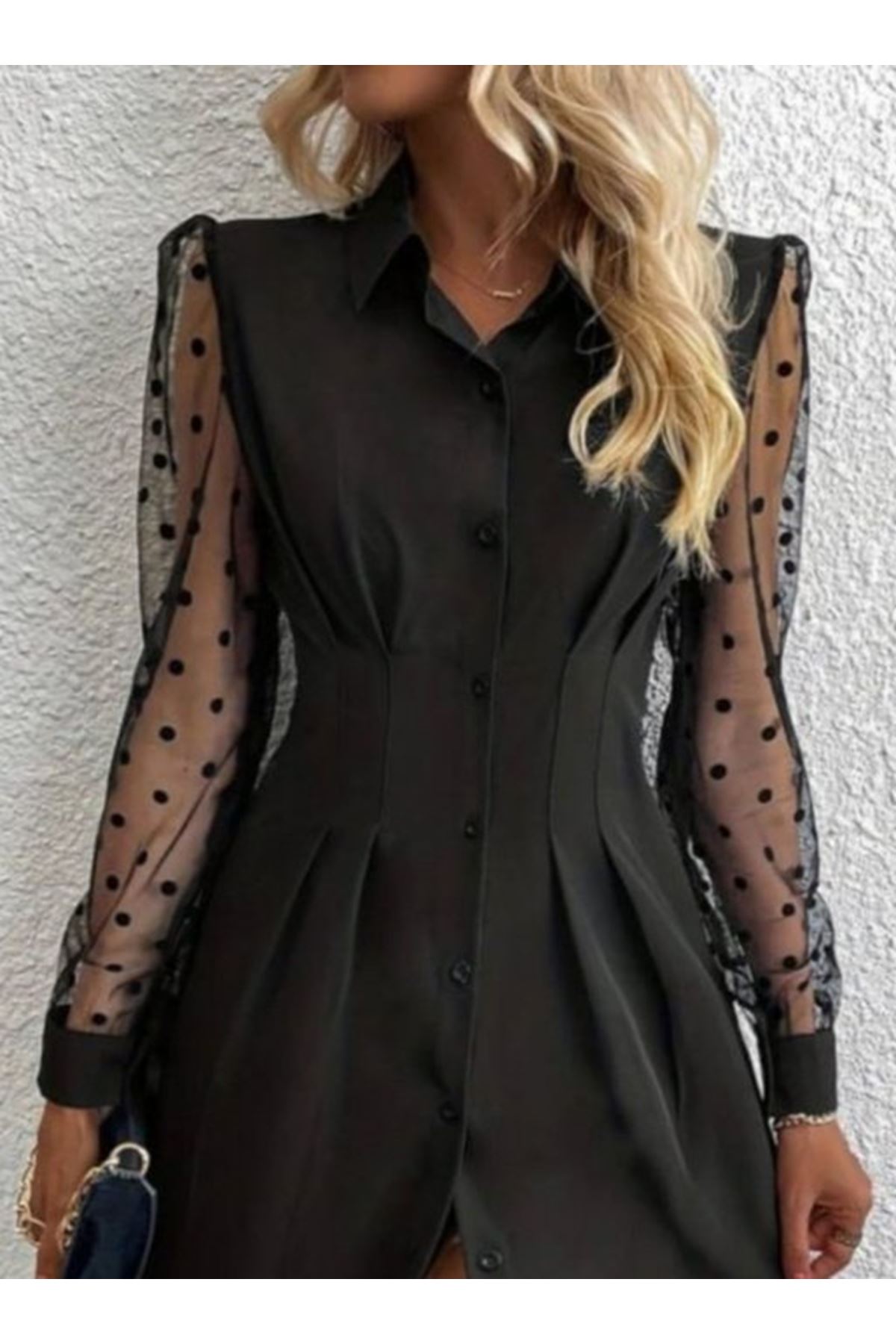 Kadın Uzun Kollu Yakalı Düğmeli Mini Ithal Krep Elbise