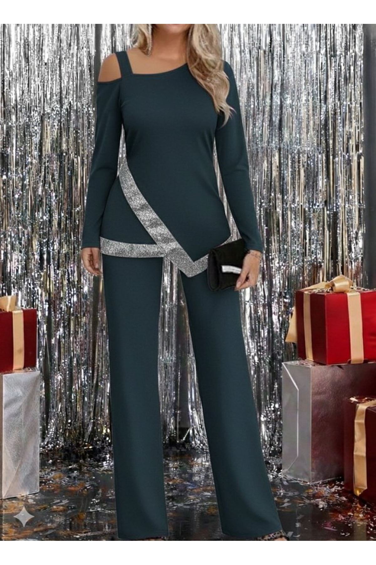 Kadın Tek Omuzdan Açık Uzun Kollu önü Pulpayet Ithal Krep Bluz Ve Pantolon