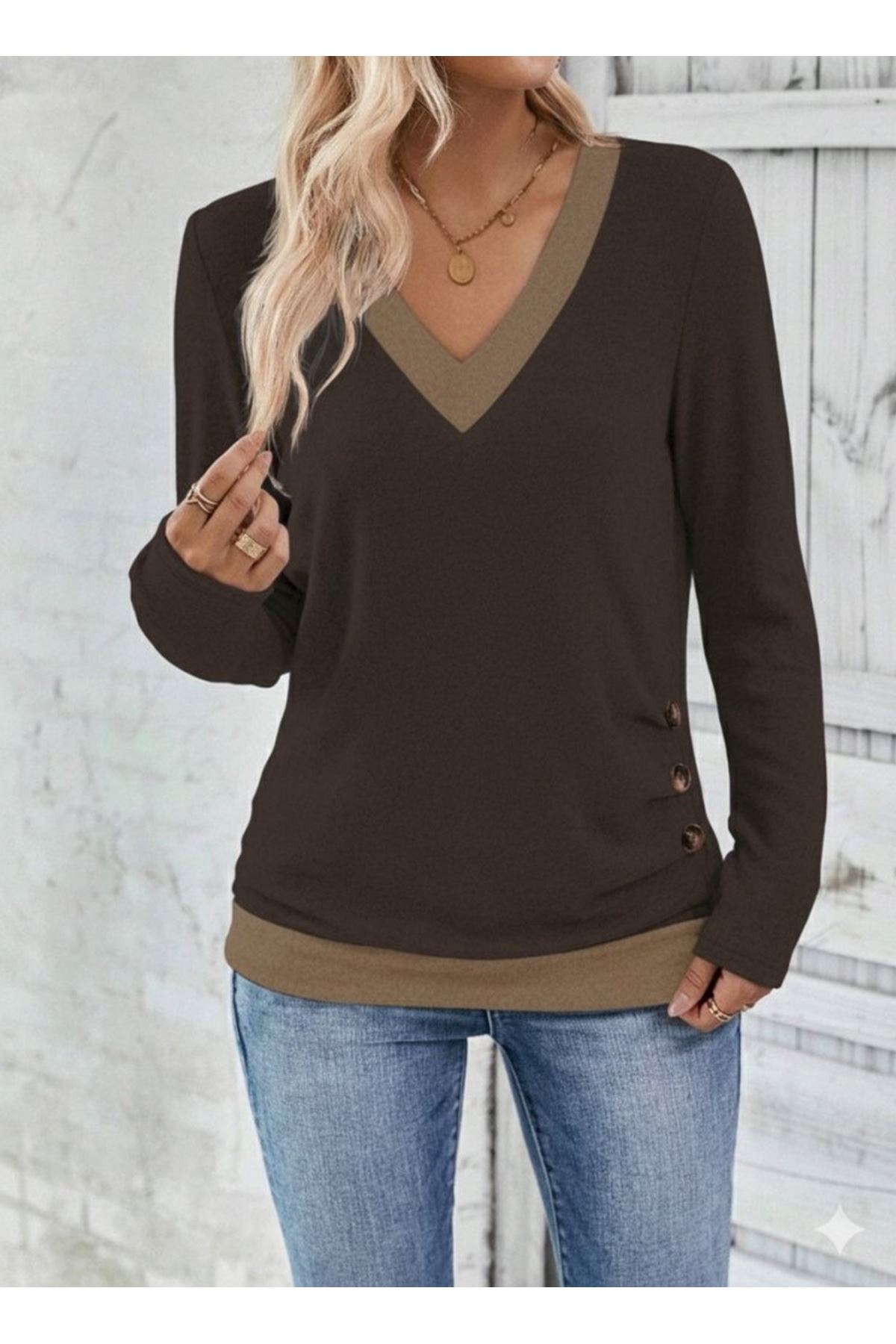 Kadın Uzun Kollu V Yakalı Yandan Düğmeli Yün Viskon Bluz