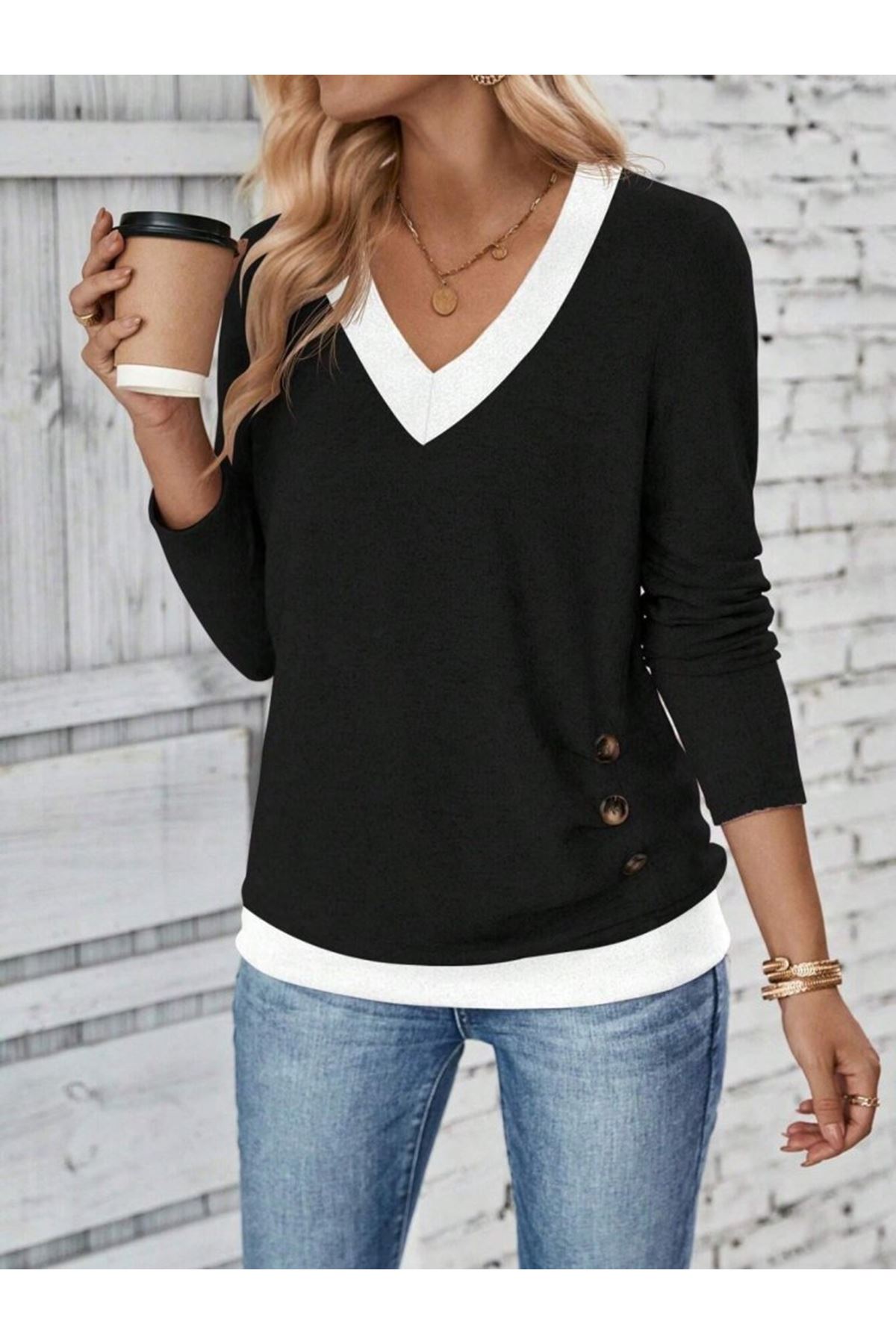 Kadın Uzun Kollu V Yakalı Yandan Düğmeli Yün Viskon Bluz