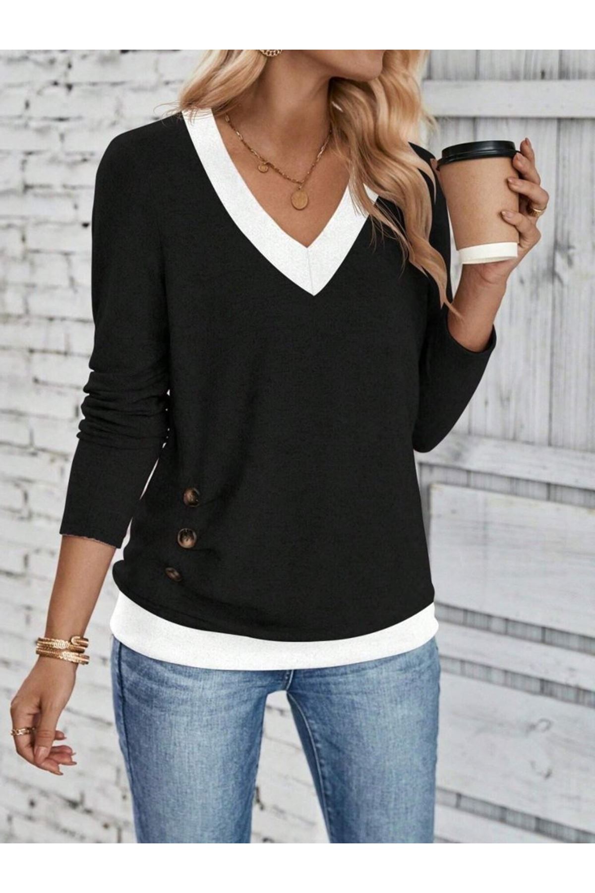 Kadın Uzun Kollu V Yakalı Yandan Düğmeli Yün Viskon Bluz