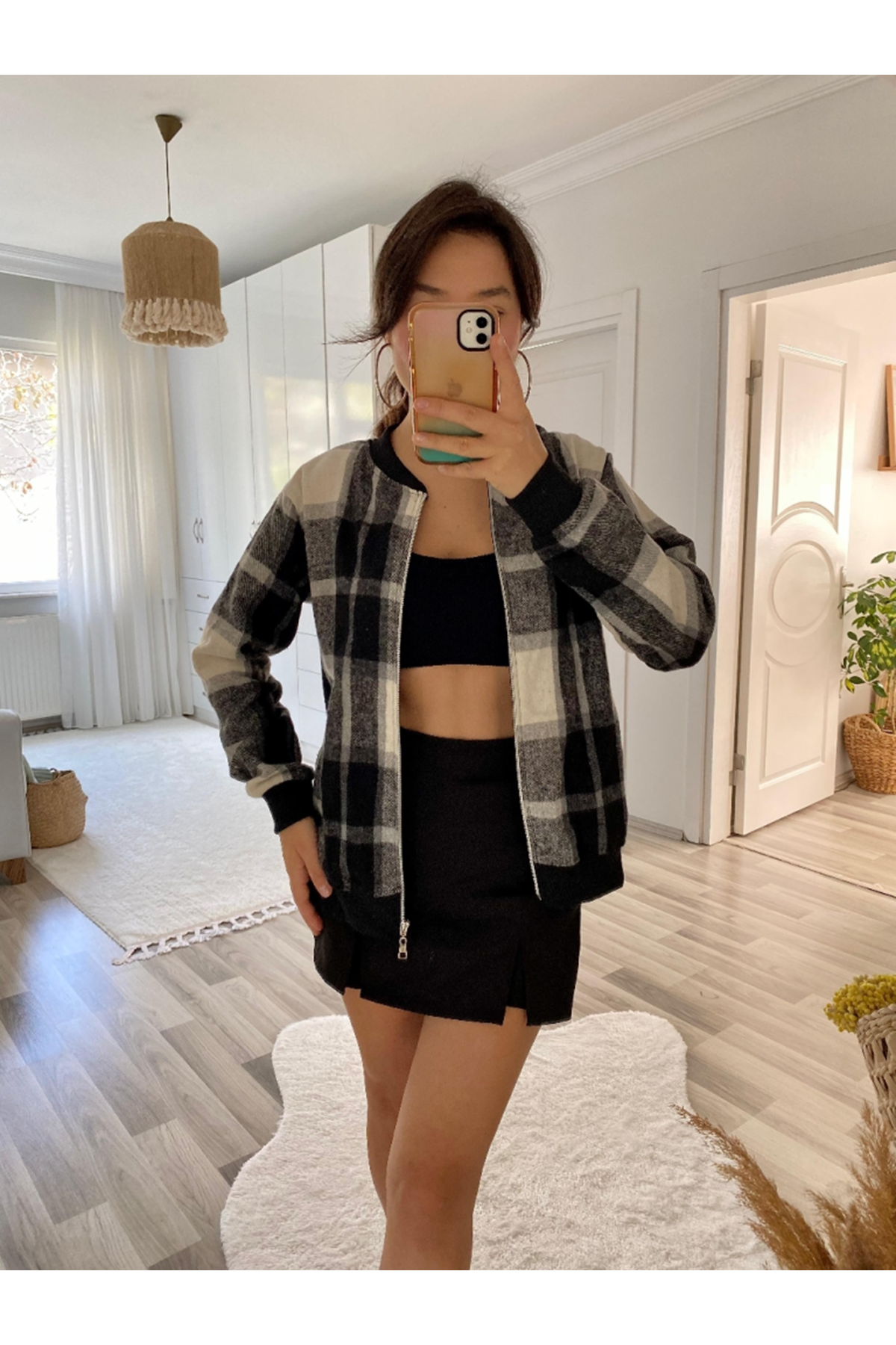 Kadın Uzun Kollu önden Fermuarlı Ekose Desenli Ceket