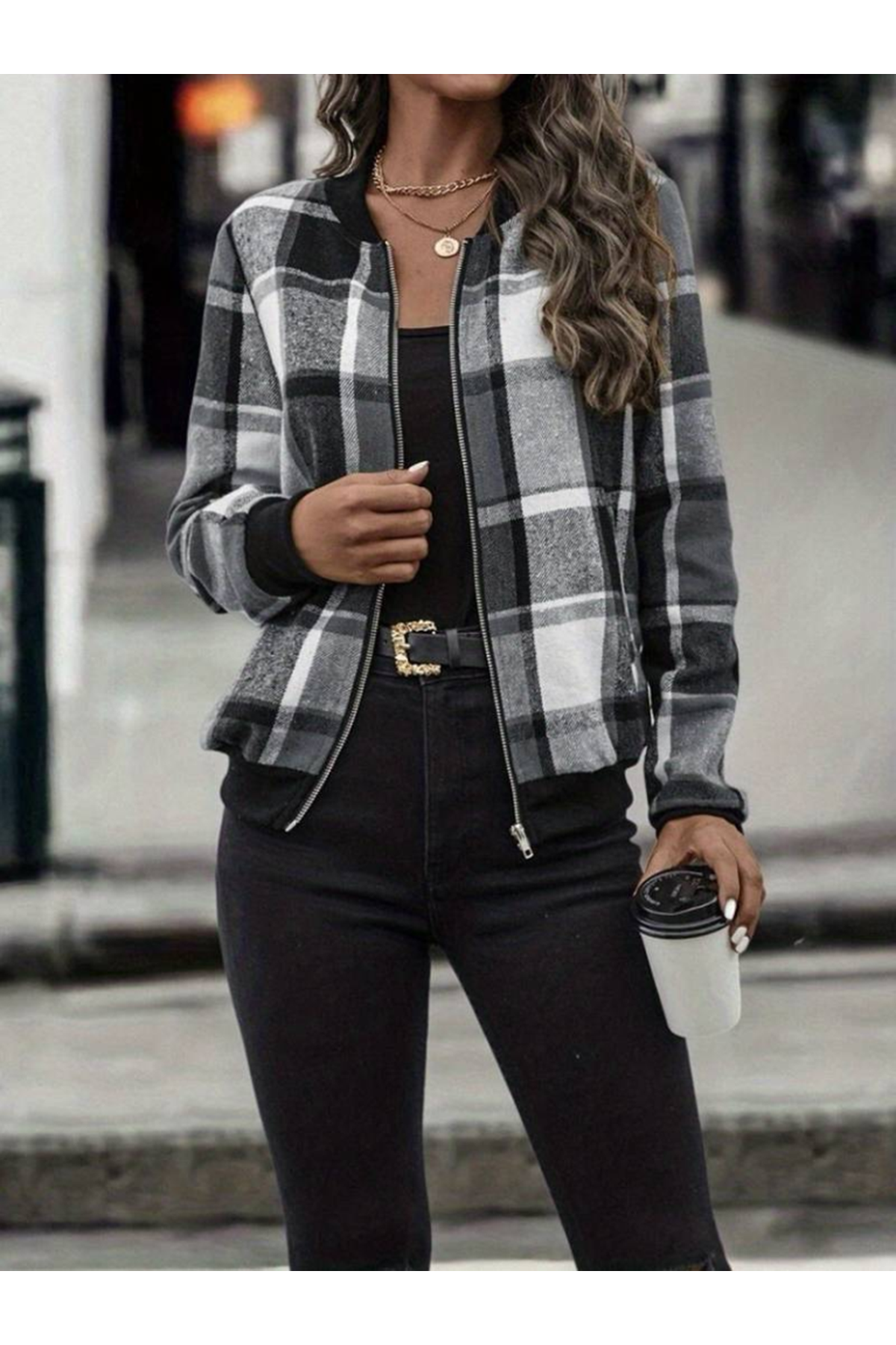 Kadın Uzun Kollu önden Fermuarlı Ekose Desenli Ceket