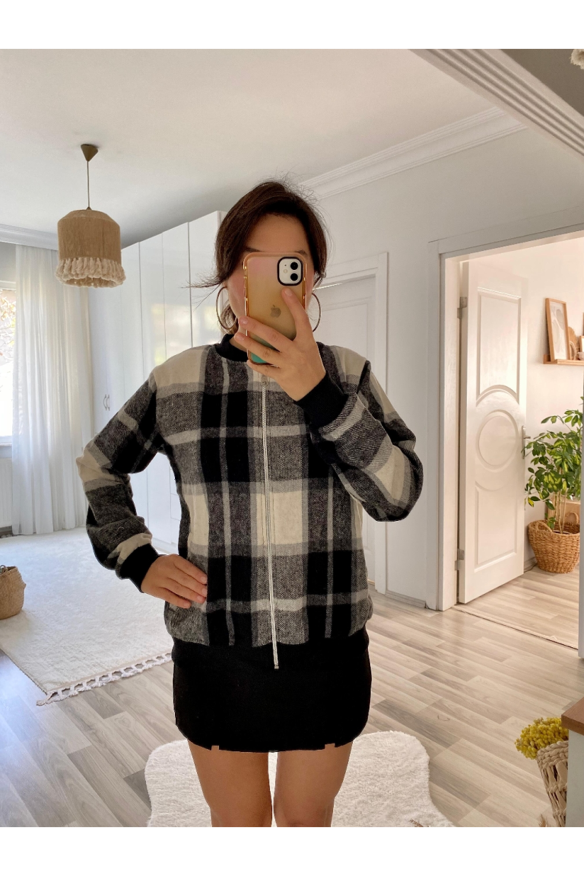 Kadın Uzun Kollu önden Fermuarlı Ekose Desenli Ceket