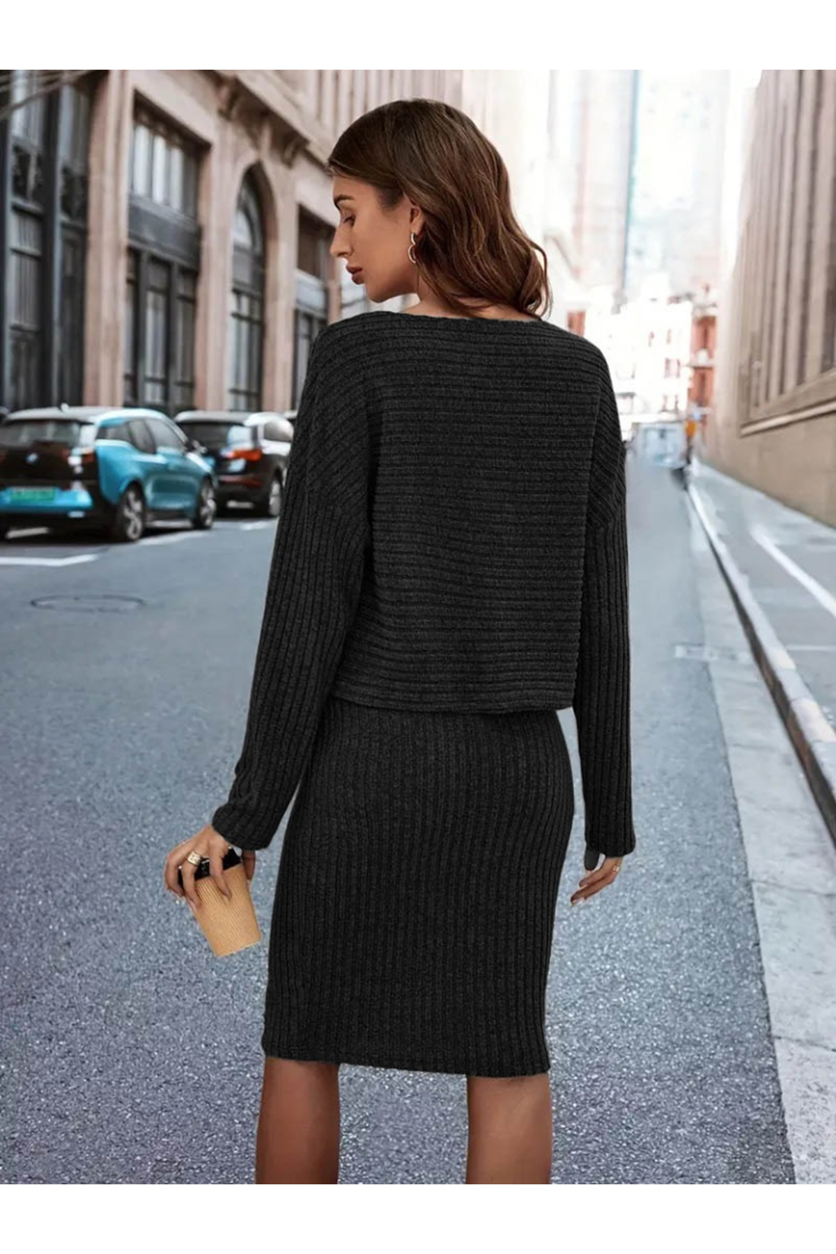 Kadın Uzun Kollu Iki Yanı Açık Yaka Detaylı Bluz Ve Etek şardonlu Kaşkorse Ikili Takım