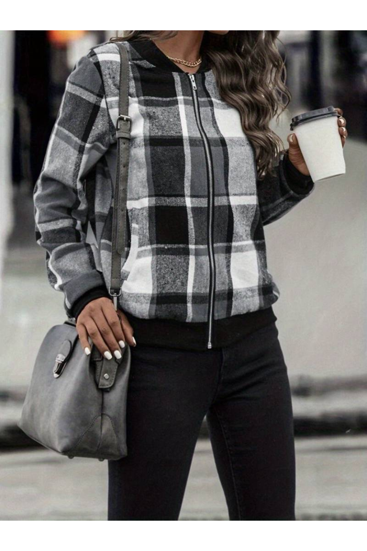Kadın Uzun Kollu önden Fermuarlı Ekose Desenli Ceket