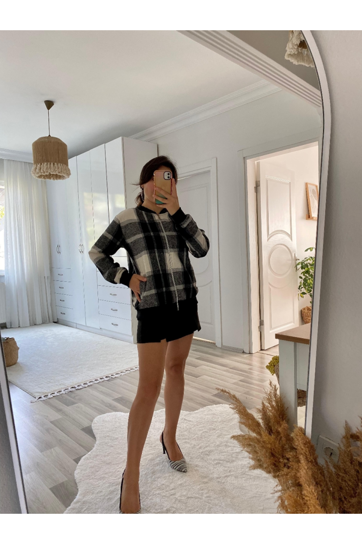 Kadın Uzun Kollu önden Fermuarlı Ekose Desenli Ceket