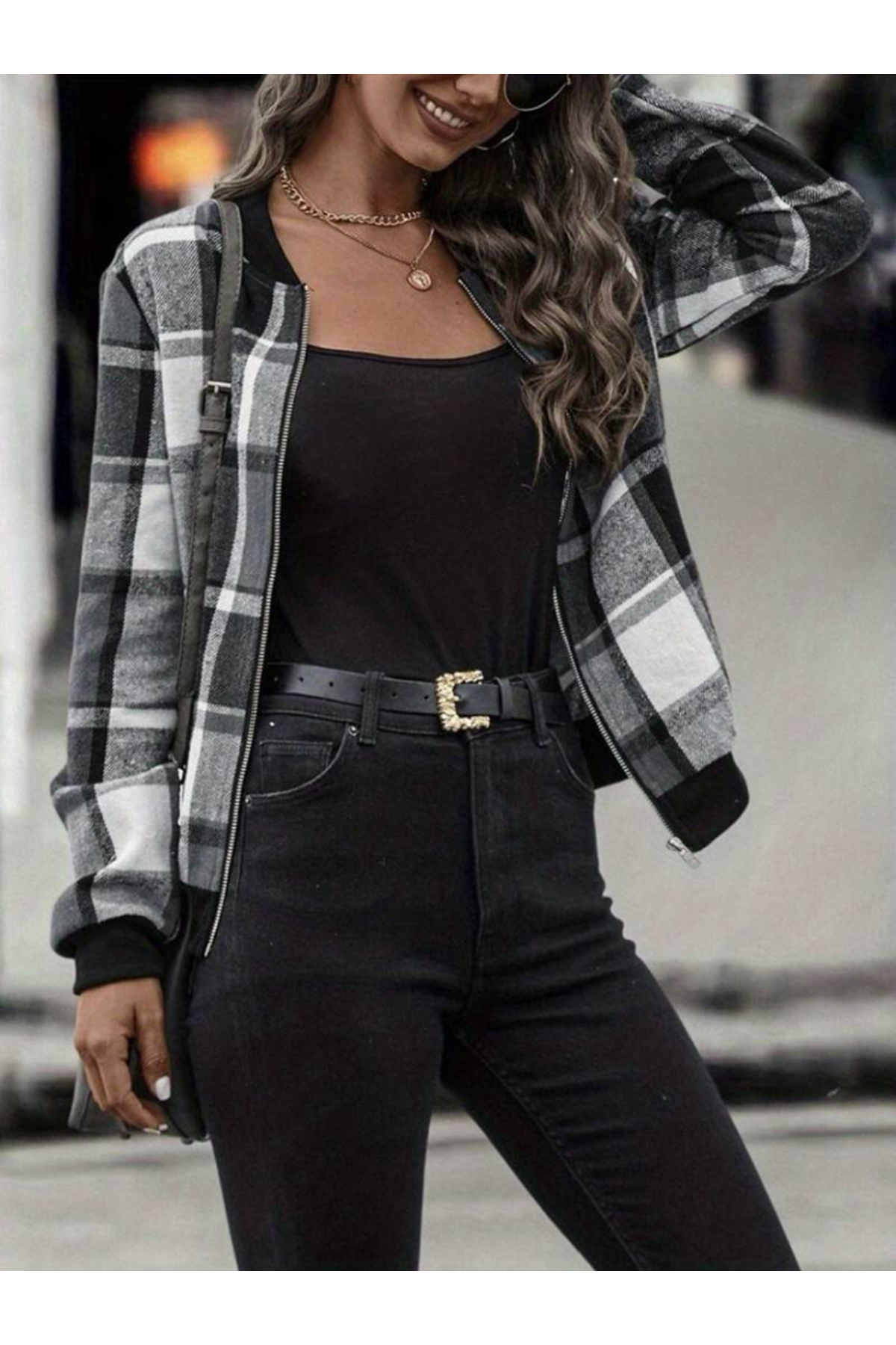 Kadın Uzun Kollu önden Fermuarlı Ekose Desenli Ceket