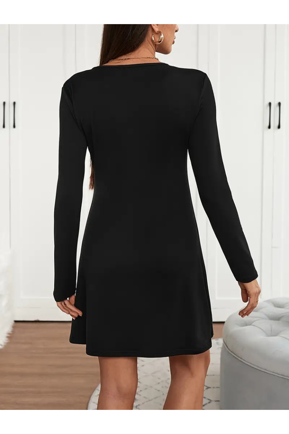 Kadın Uzun Kollu V şerit Yakalı Kısa Viskon Iki Iplik Elbise