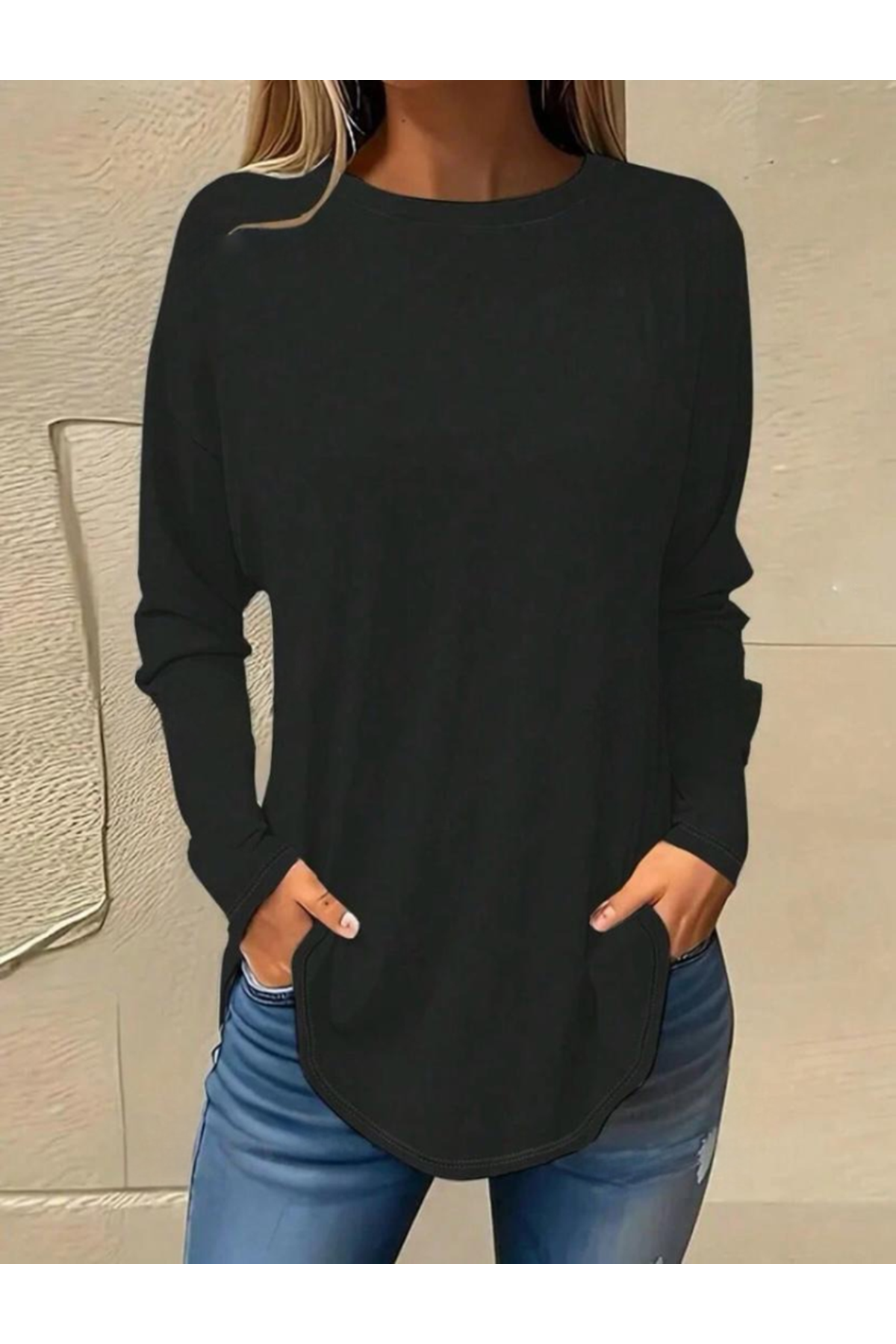 Kadın Uzun Kollu Yuvarlak Yaka Salaş Iki Iplik Bluz