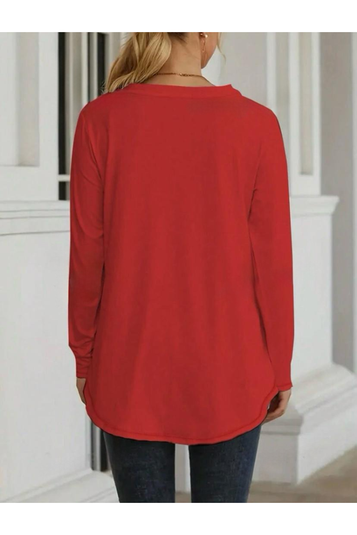 Kadın Uzun Kollu Yuvarlak Yaka Salaş Iki Iplik Bluz
