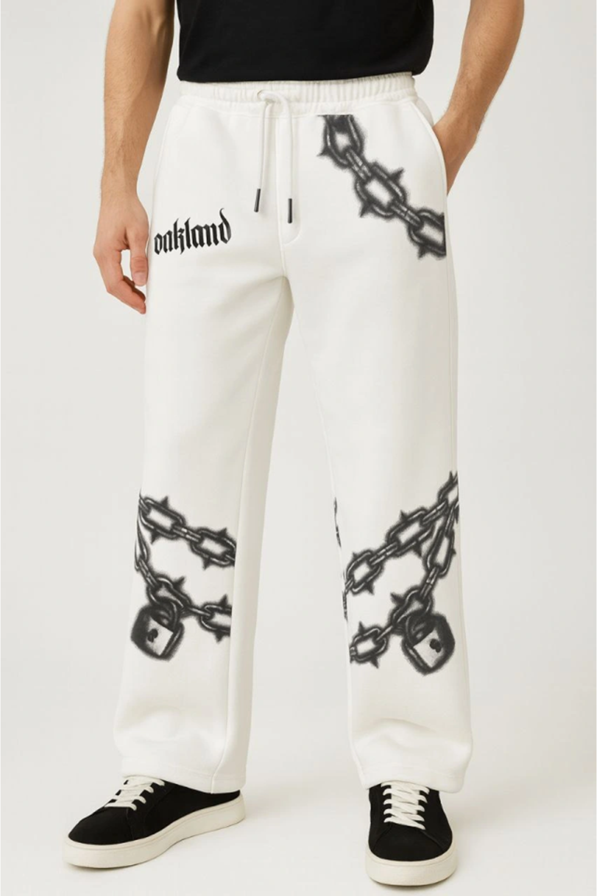 Erkek Üç İplik Pamuklu Baskılı Cepli Jogger Buggy Pantalon Oversize Kalıp - Beyaz