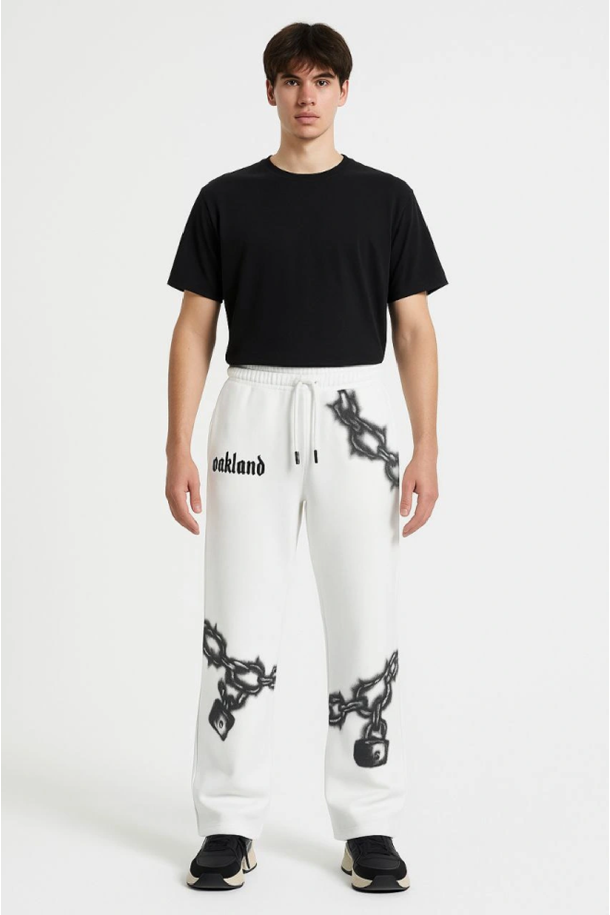 Erkek Üç İplik Pamuklu Baskılı Cepli Jogger Buggy Pantalon Oversize Kalıp - Beyaz