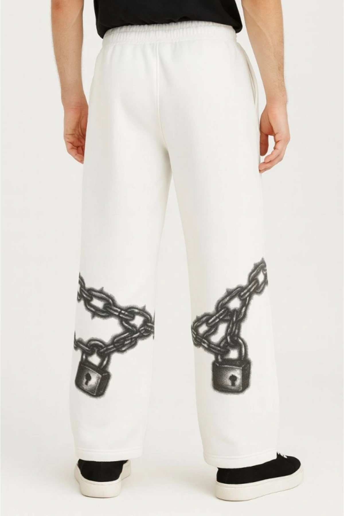 Erkek Üç İplik Pamuklu Baskılı Cepli Jogger Buggy Pantalon Oversize Kalıp - Beyaz