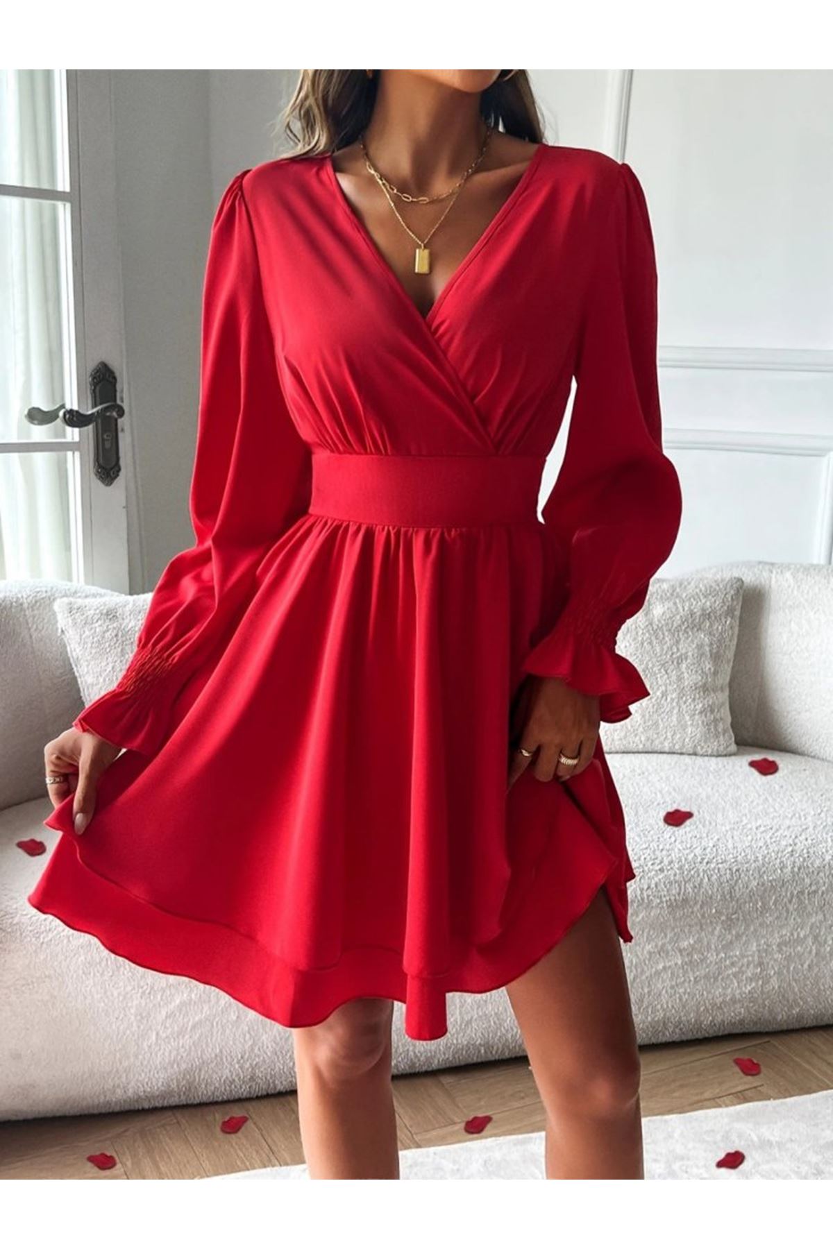 Kadın Uzun Kollu Kruvaze Yakalı Mini Sandy Elbise