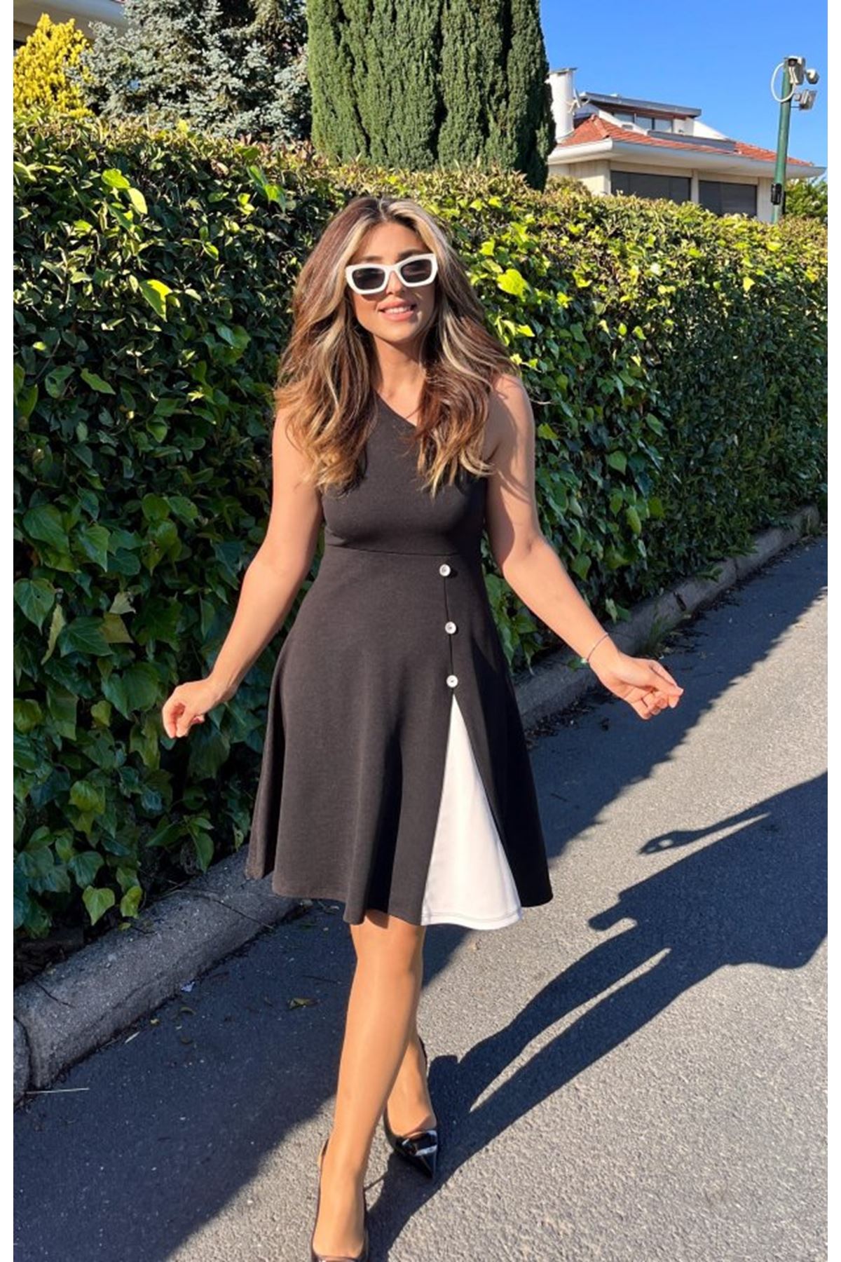 Kadın Tek Omuzu şerit Detaylı Sıfır Kol Yandan Düğme Detaylı Janjan Krep Elbise