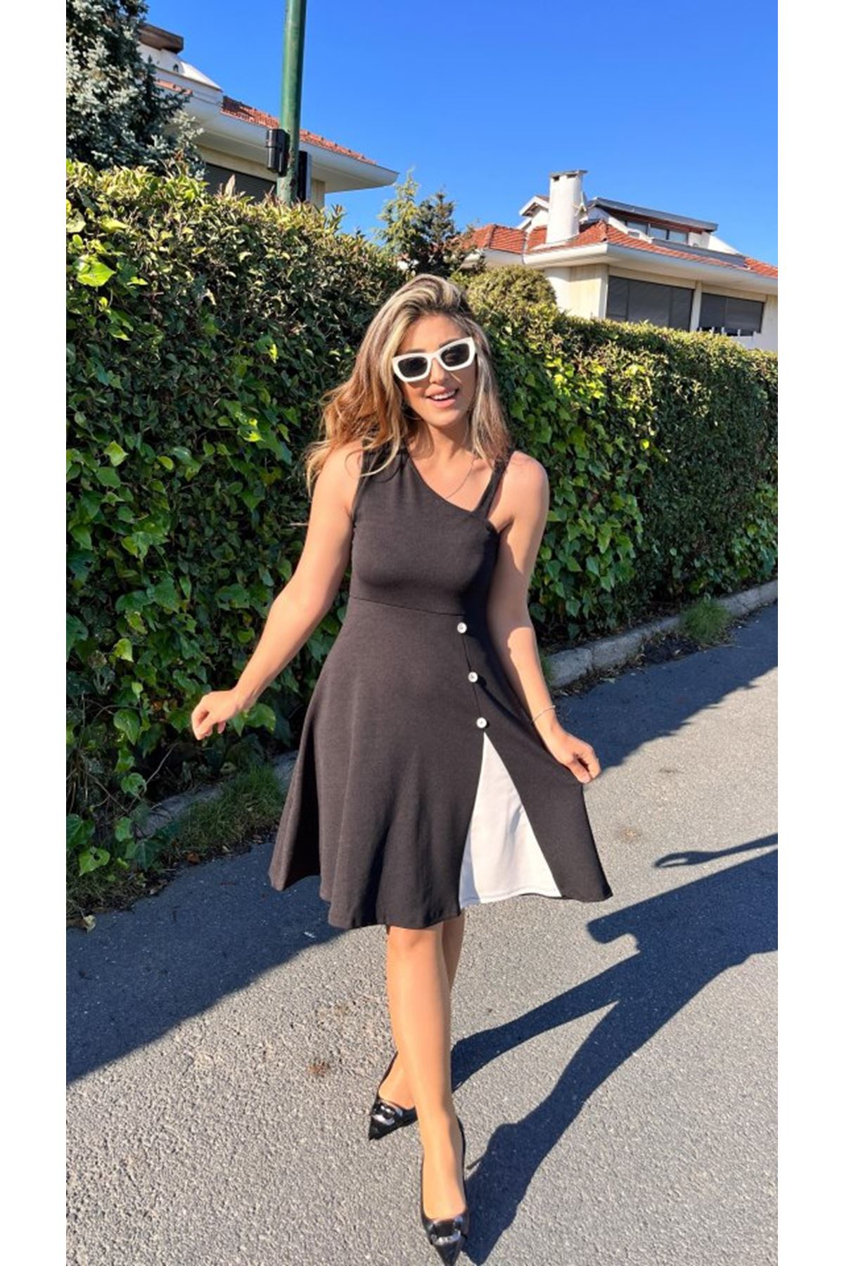 Kadın Tek Omuzu şerit Detaylı Sıfır Kol Yandan Düğme Detaylı Janjan Krep Elbise