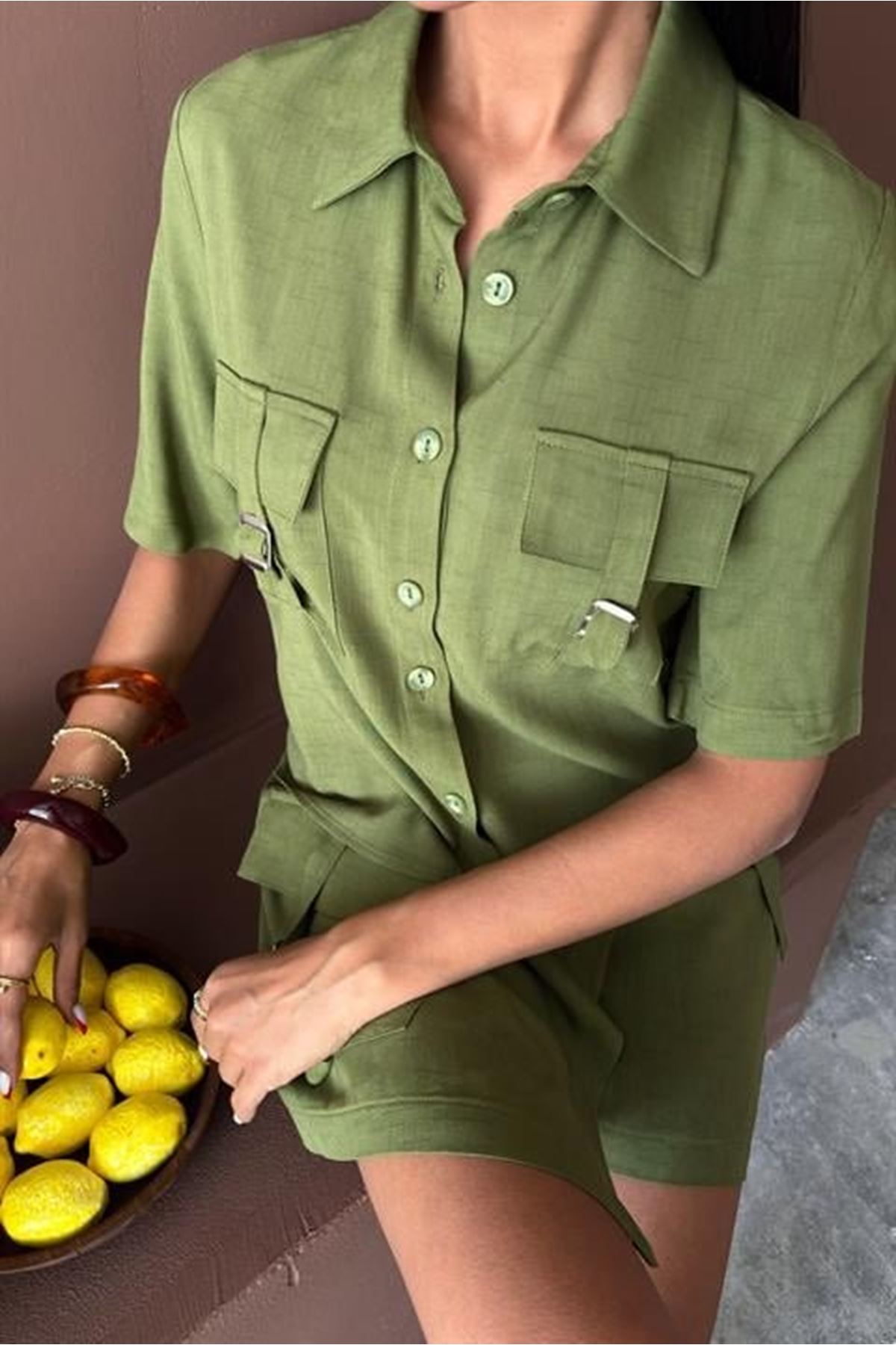 Gömlek Şort Etek Viscon Keten Takım 10162