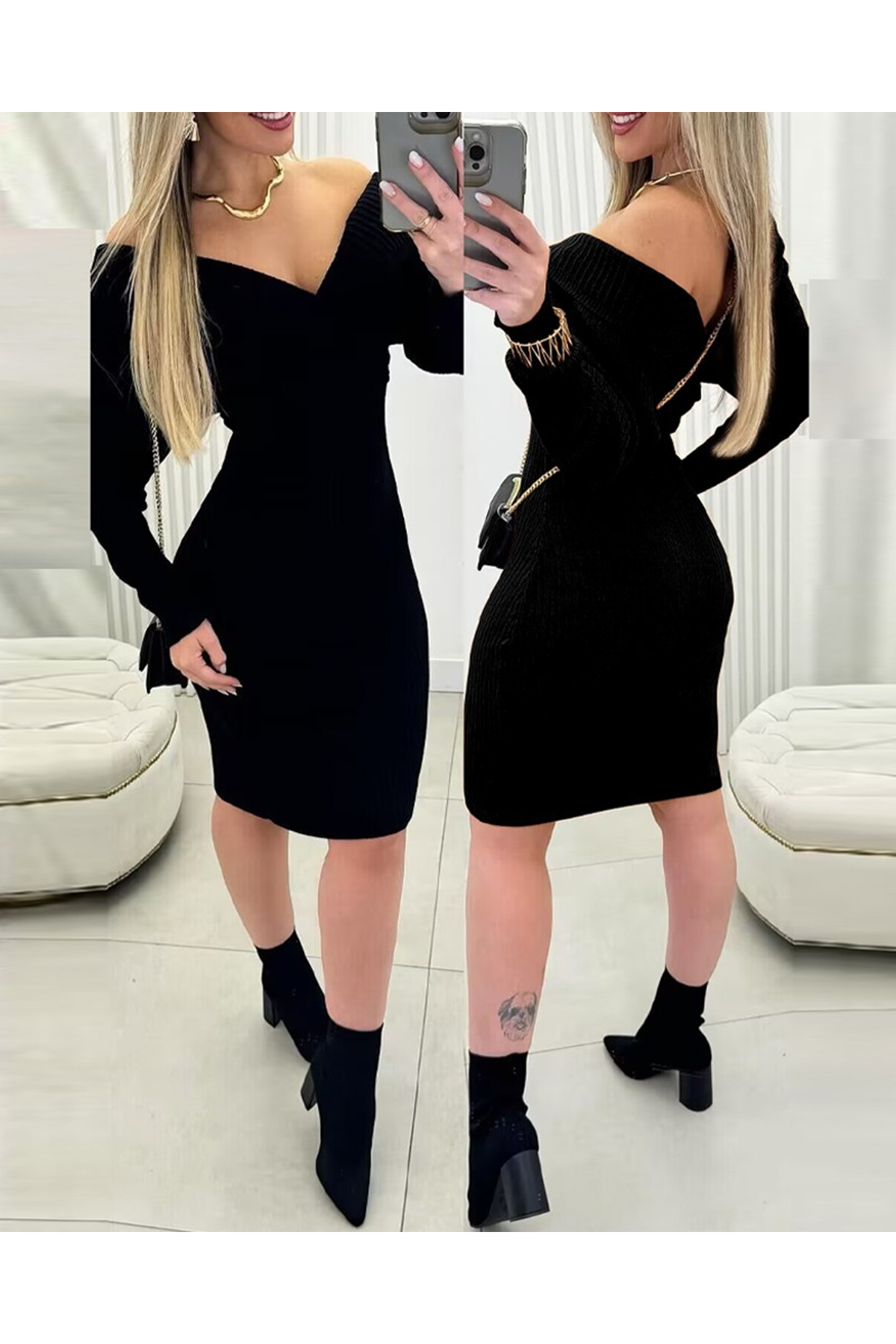 Kadın Uzun Kollu Omuzlardan Açık Kruvaze Yaka Kısa Triko Elbise