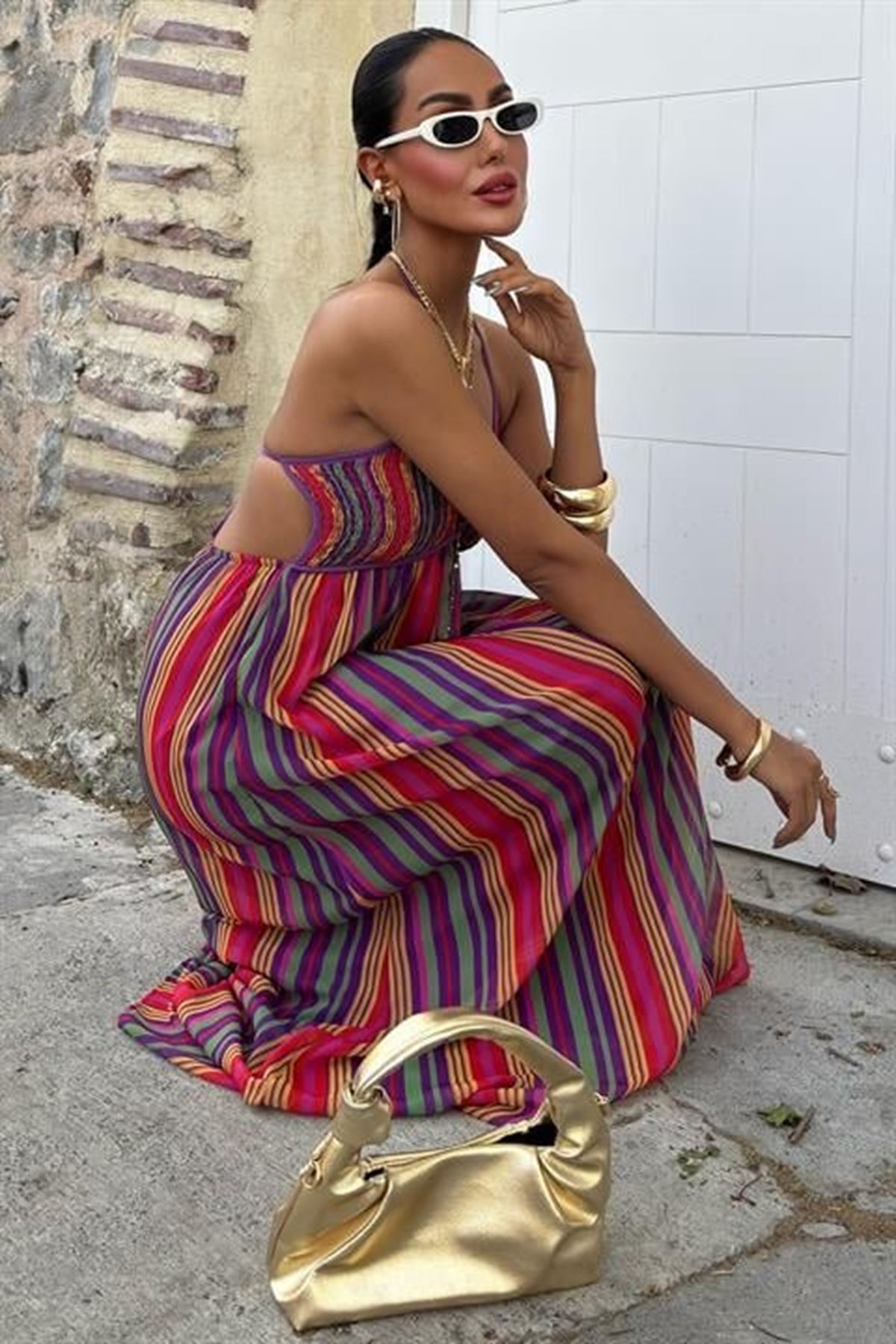 Askılı Pile Detaylı Renkli Maxi Elbise 2748