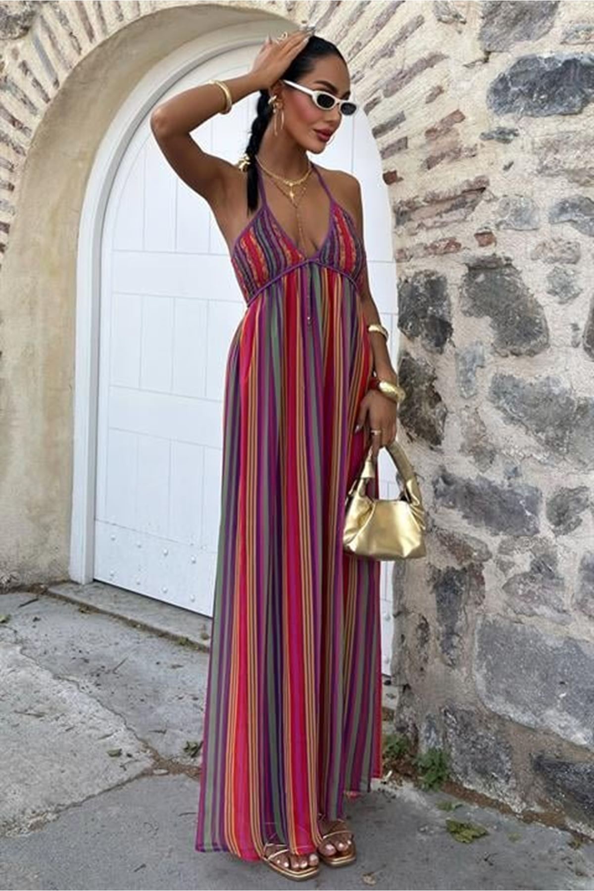 Askılı Pile Detaylı Renkli Maxi Elbise 2748