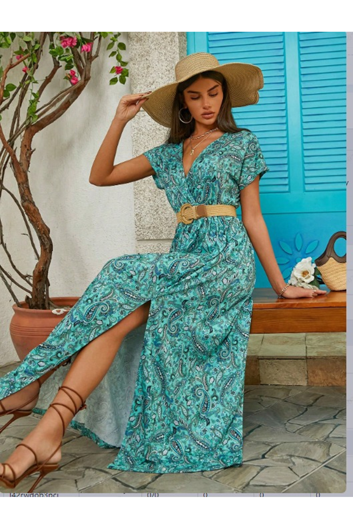 Kadın Kısa Kollu V Yaka Etnik Desenli Yırtmaç Detay Süprem Elbise (kemersiz)