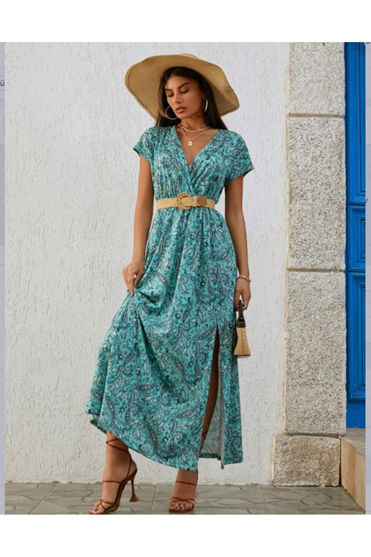 Kadın Kısa Kollu V Yaka Etnik Desenli Yırtmaç Detay Süprem Elbise (kemersiz)