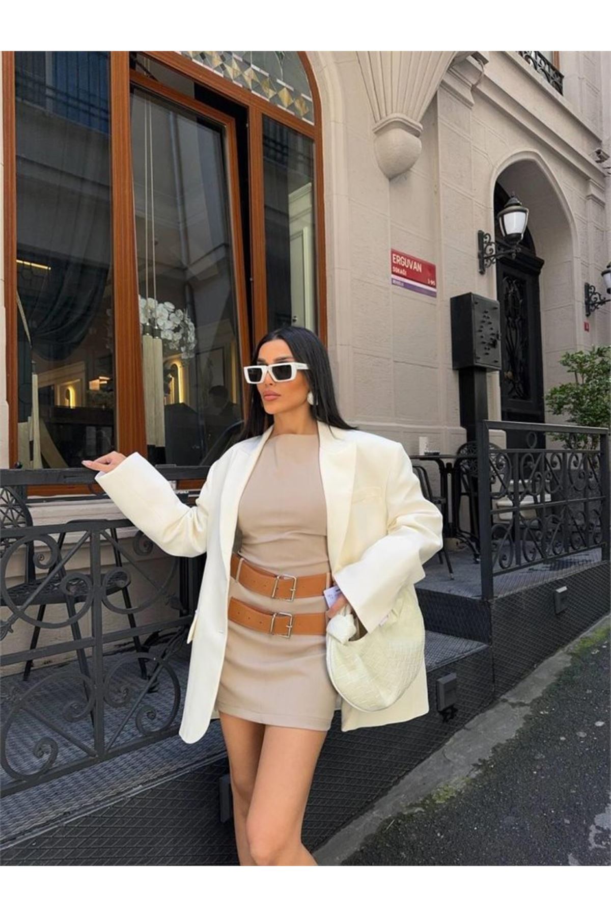 POLYVİSCON ÇİFT KEMER DETAYLI ELBİSE - Bej