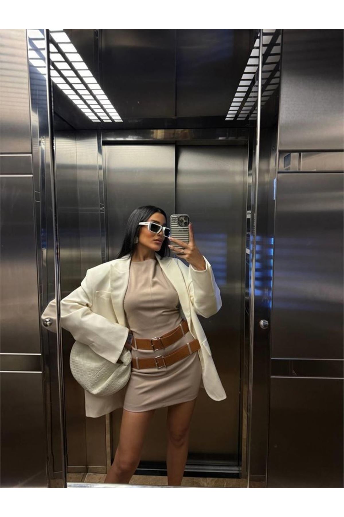 POLYVİSCON ÇİFT KEMER DETAYLI ELBİSE - Bej