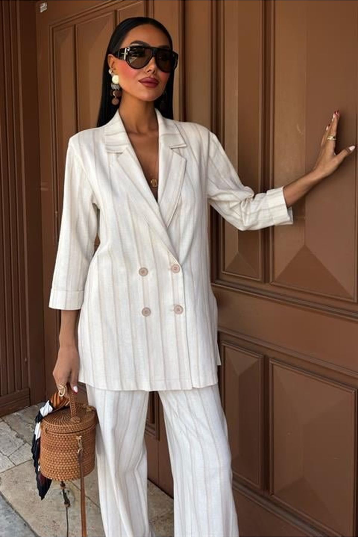 Blazer Ceketli Çizgili Keten Takım 10186