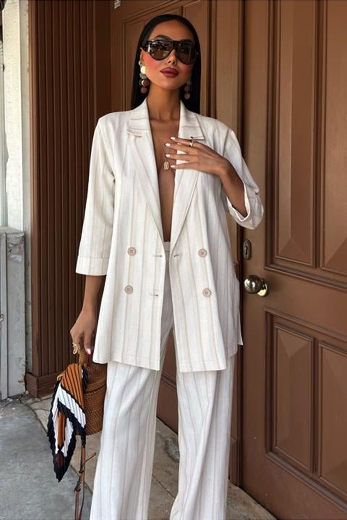 Blazer Ceketli Çizgili Keten Takım 10186