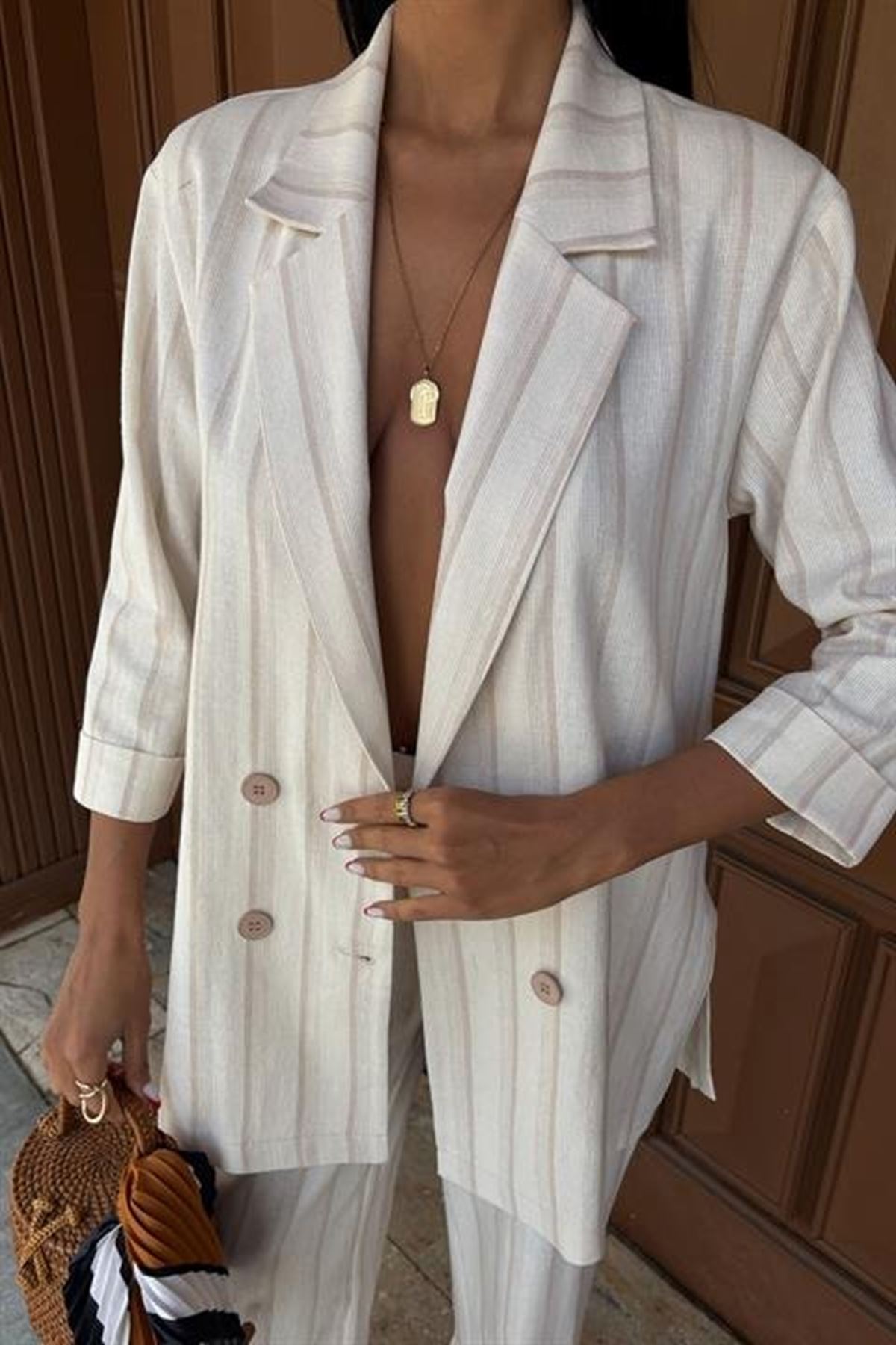 Blazer Ceketli Çizgili Keten Takım 10186