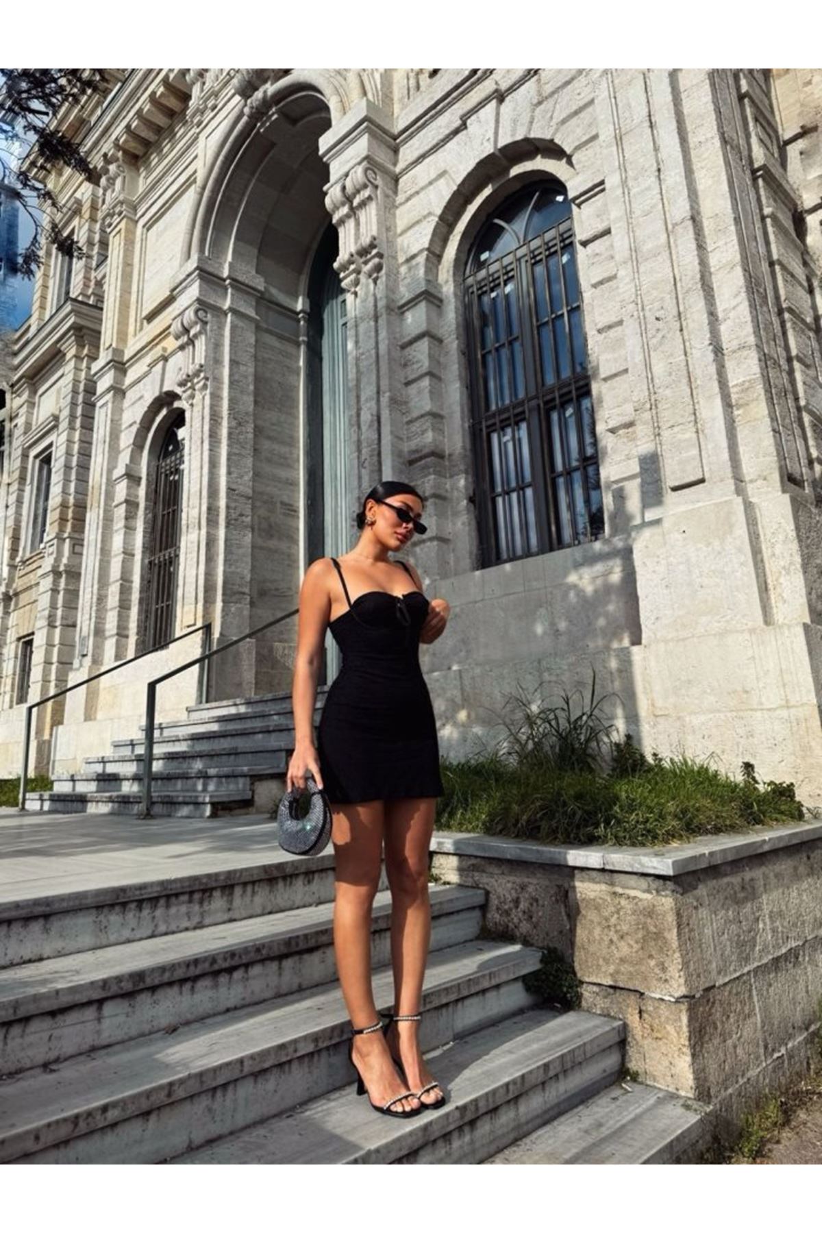 Kadın Omuz Askılı File Kumaş Likralı Mini Elbise