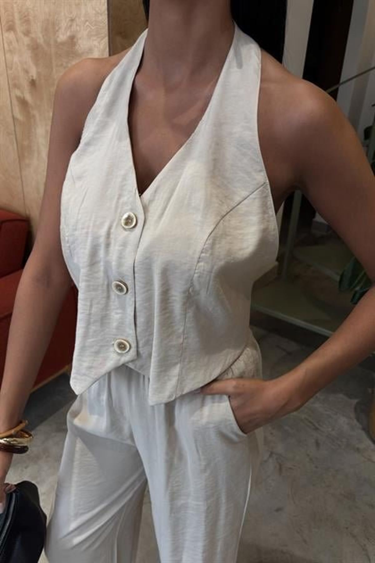 Halter Yaka Yelekli Modal Takım 10144