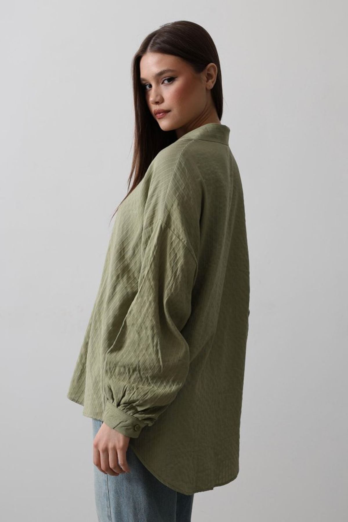 Çizgili Uzun Kol Gömlek - Haki